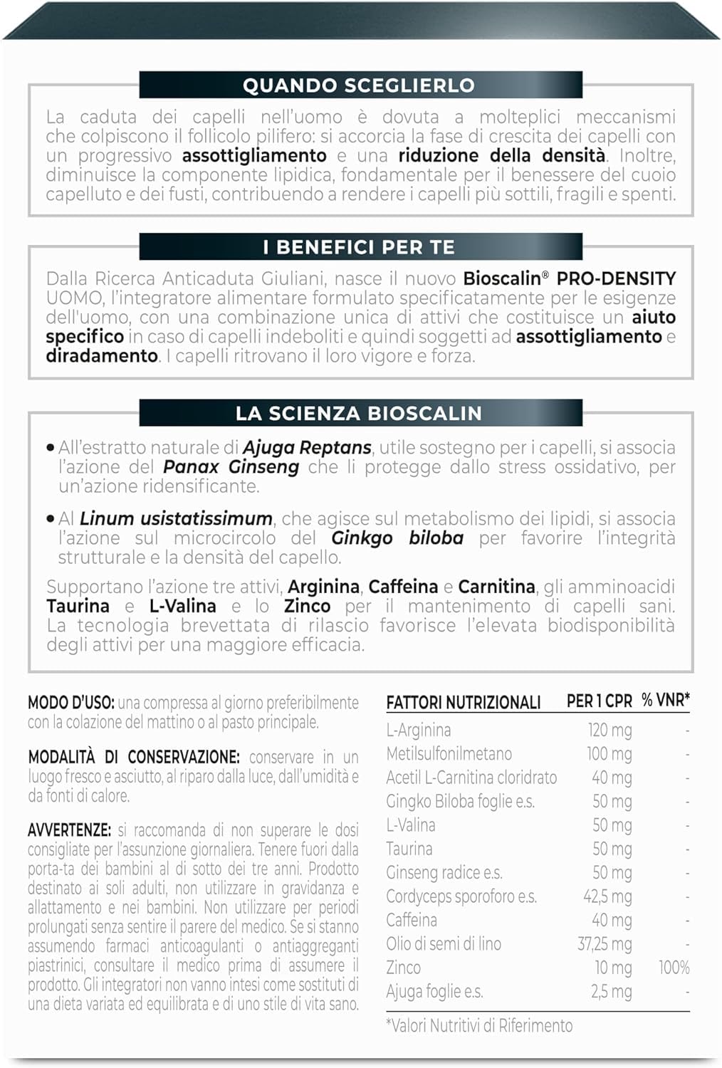 Bioscalin PRO•DENSITY Uomo, Integratore Alimentare per Capelli con Caffeina, Favorisce la Forza dei Capelli, Senza Glutine, Naturalmente senza Lattosio, Utilizzo 3 Mesi, 90 Compresse