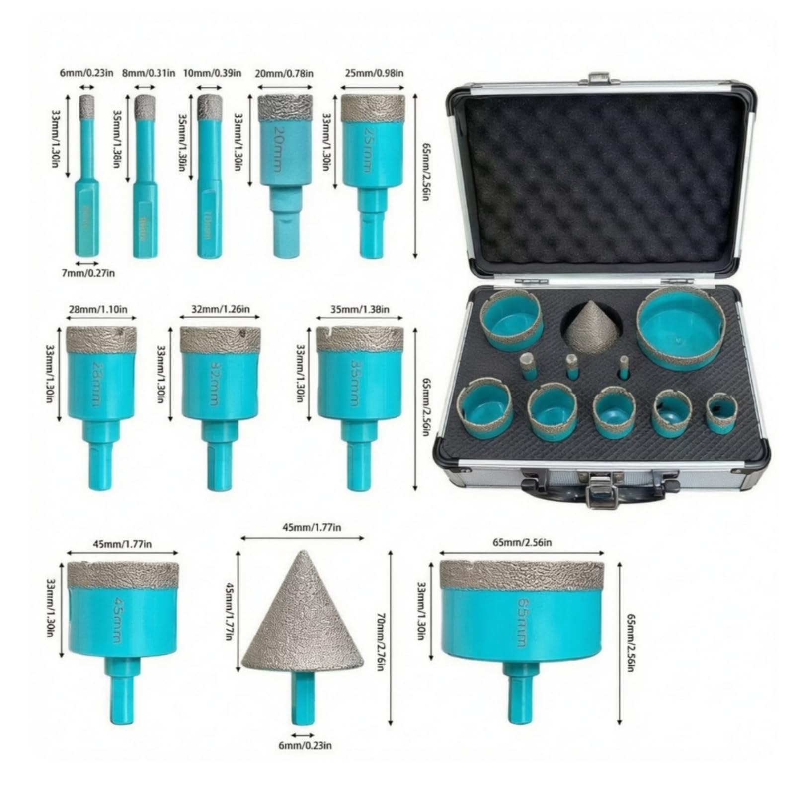 Colección 11 Piezas Brocas para Cerámica con Recubrimiento Diamante y Cuerpo Acero con Estuche Protector con Acuado para Mármol y Vidrio