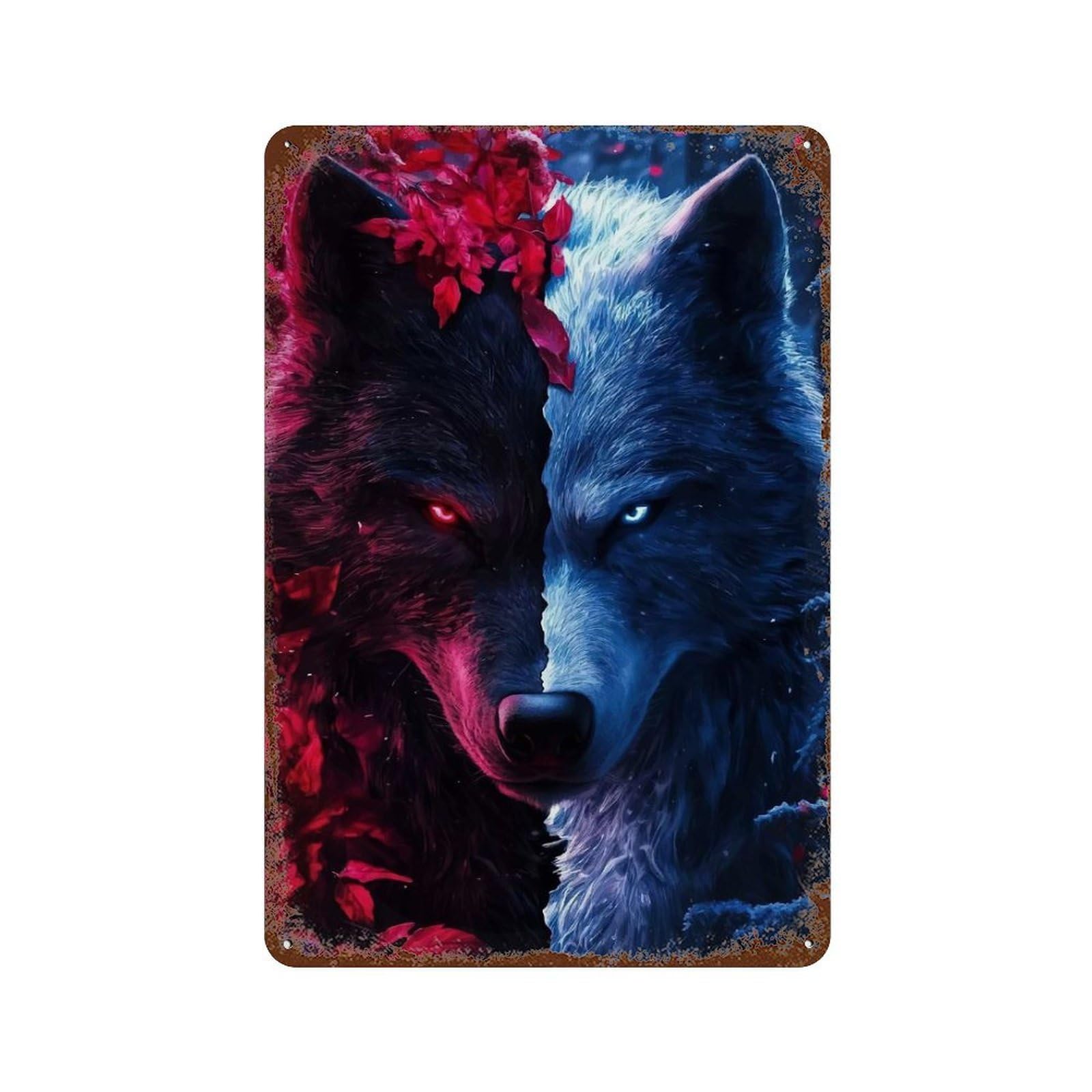 Dual Wolves Red And Blue Decorative Tin Sign 11.8"x7.9", Vintage Wall Decor for Garage, Pub Or Kitchen