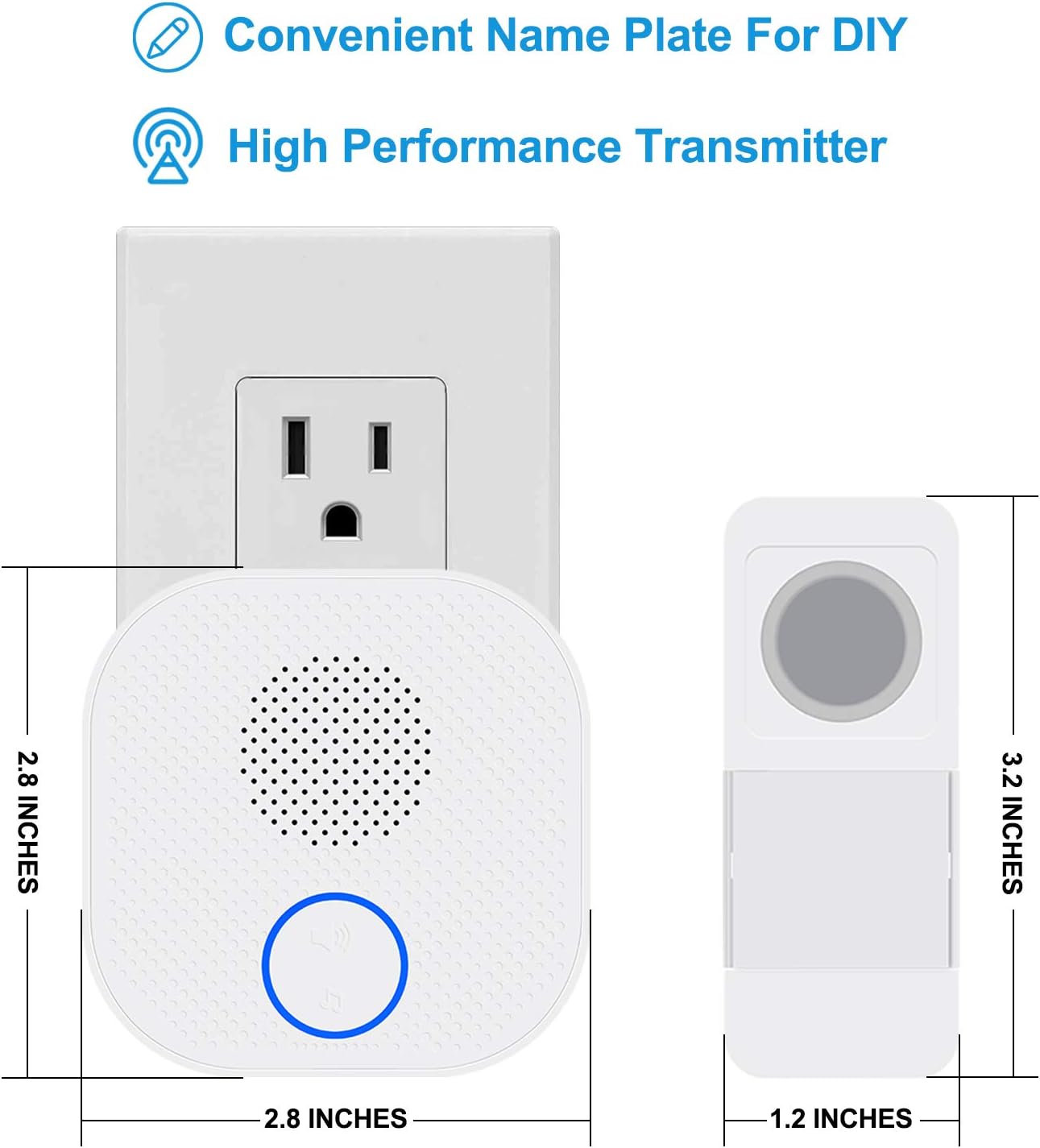Wireless Door Bell,Waterproof Door Bell Chime Kit Operating at 300M/1000FT,38 Chimes,4 Volume Levels & LED Flash，DIY Name Plate Suitable for Home Office Classroom (Plug In Version)