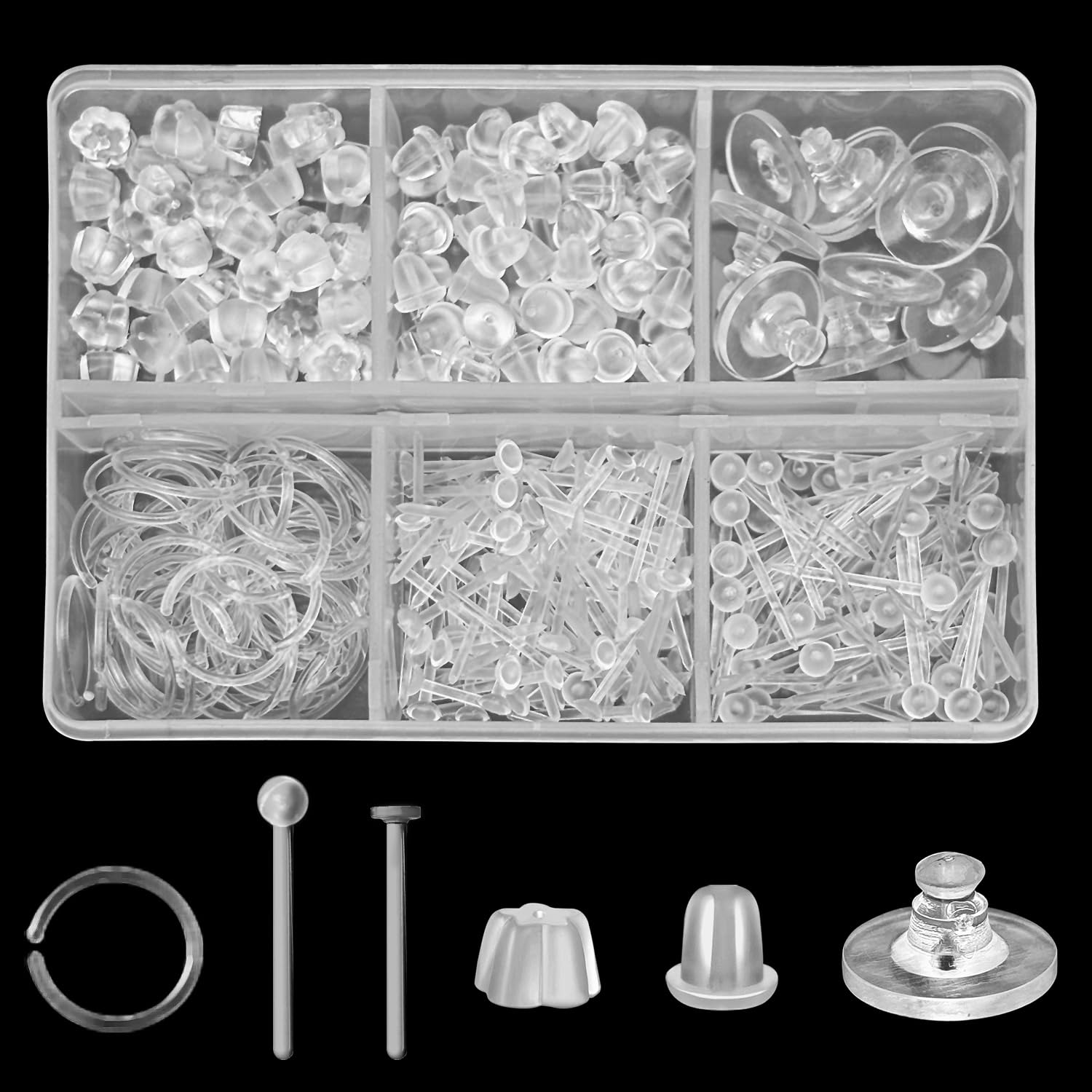 6 Styles Earring Backs for Studs, Metal Silicone Earring Backs Replacements, Rubber Earring Back Soft Clear Hypoallergenic (Clear Earrings + Earring Backs)