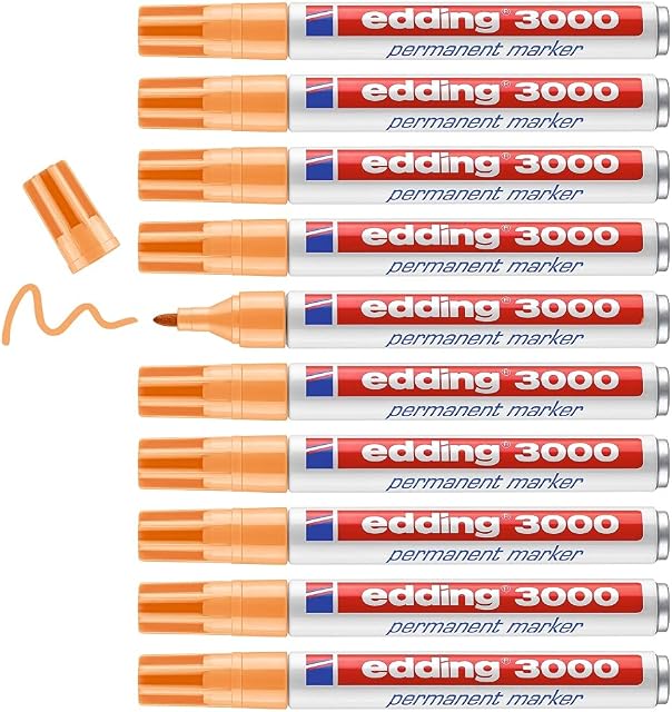 edding 3000 permanent marker - light-orange - box of 10 - round tip 1.5-3 mm - quick-drying permanent markers - waterproof, smudge-proof - for cardboard, plastic, wood, metal, fabric - marker pens
