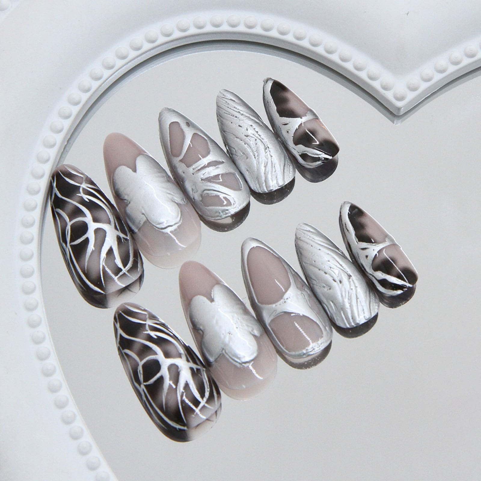 24Pcs Short Almond Press on Nails, Summer Nails with 3D Flowers Shading Silver Chrome Design, Full Cover Black Fake Nails - Image 3