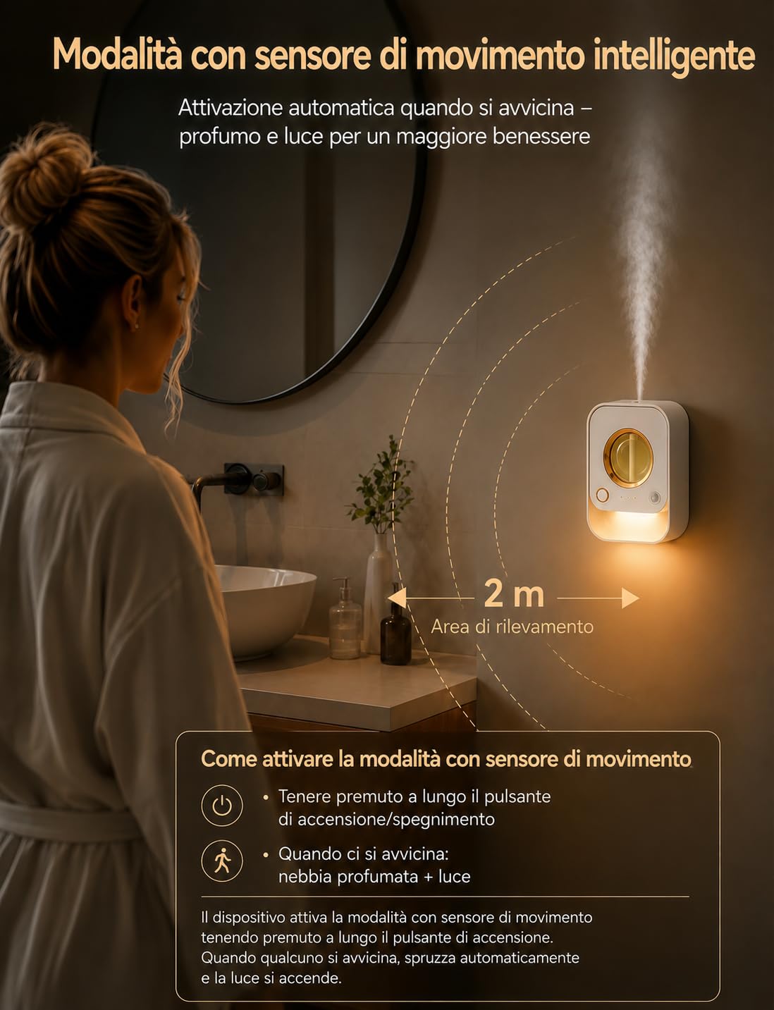 Diffusore di Oli Essenziali Senza Acqua Murale e da Tavolo con Sensore di Movimento, Luce Notturna e Timer, Diffusore Profumo Ambiente con 50ml Deodorante Arancia per Bagno, Camera, Soggiorno