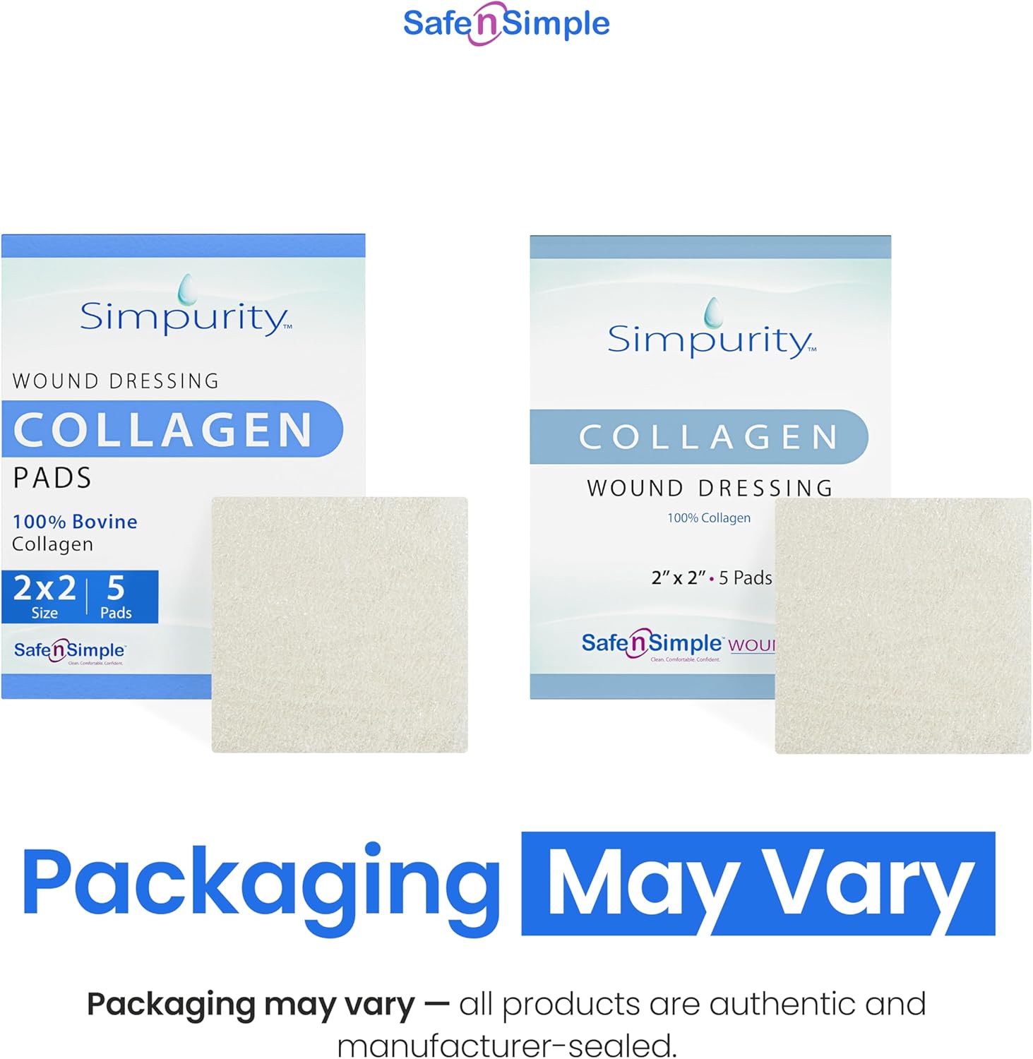 Collagen Dressing Pads - 2" x 2" 5 Count Collagen Pads for Wounds - Non-Adherent Collagen Dressing for Wound Care - Safe n' Simple Wound Care Supplies