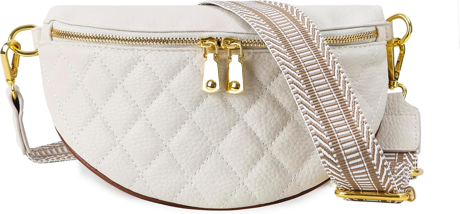 Crossbody Fanny Packs for Women - Faux Leather Crossbody Bag with Chest Strap, Small Waist Pack & Belt Clip (Cream)