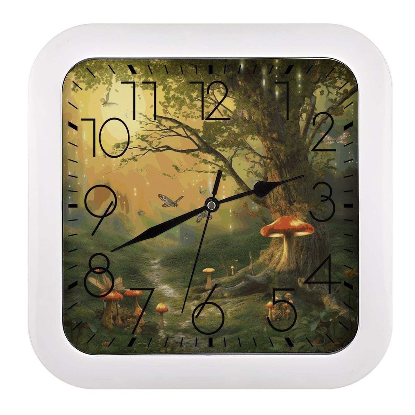 NTVOWPZO 10 Inch Wall Clock Forest with Fairies Butterflies Elves Battery Operated Wall Clocks Silent Non-Ticking Square Wall Clock for Living Room Kitchen Home Office Wall Decorative Clocks