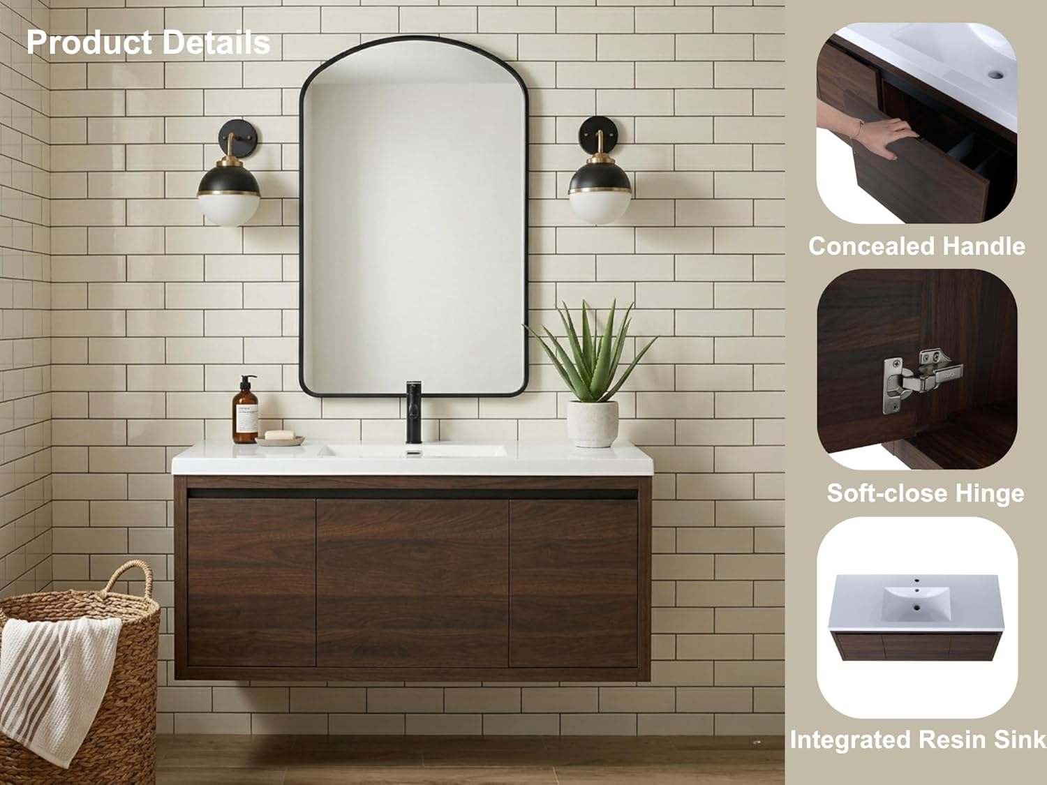 48 inch Floating Bathroom Vanity with Sink, Large Storage Wall Mounted Floating Vanity with Soft Close Drawer and Door, One-Piece Bathroom Sink Cabinet, Fully Assembled Already (Walnut, 48 inch)