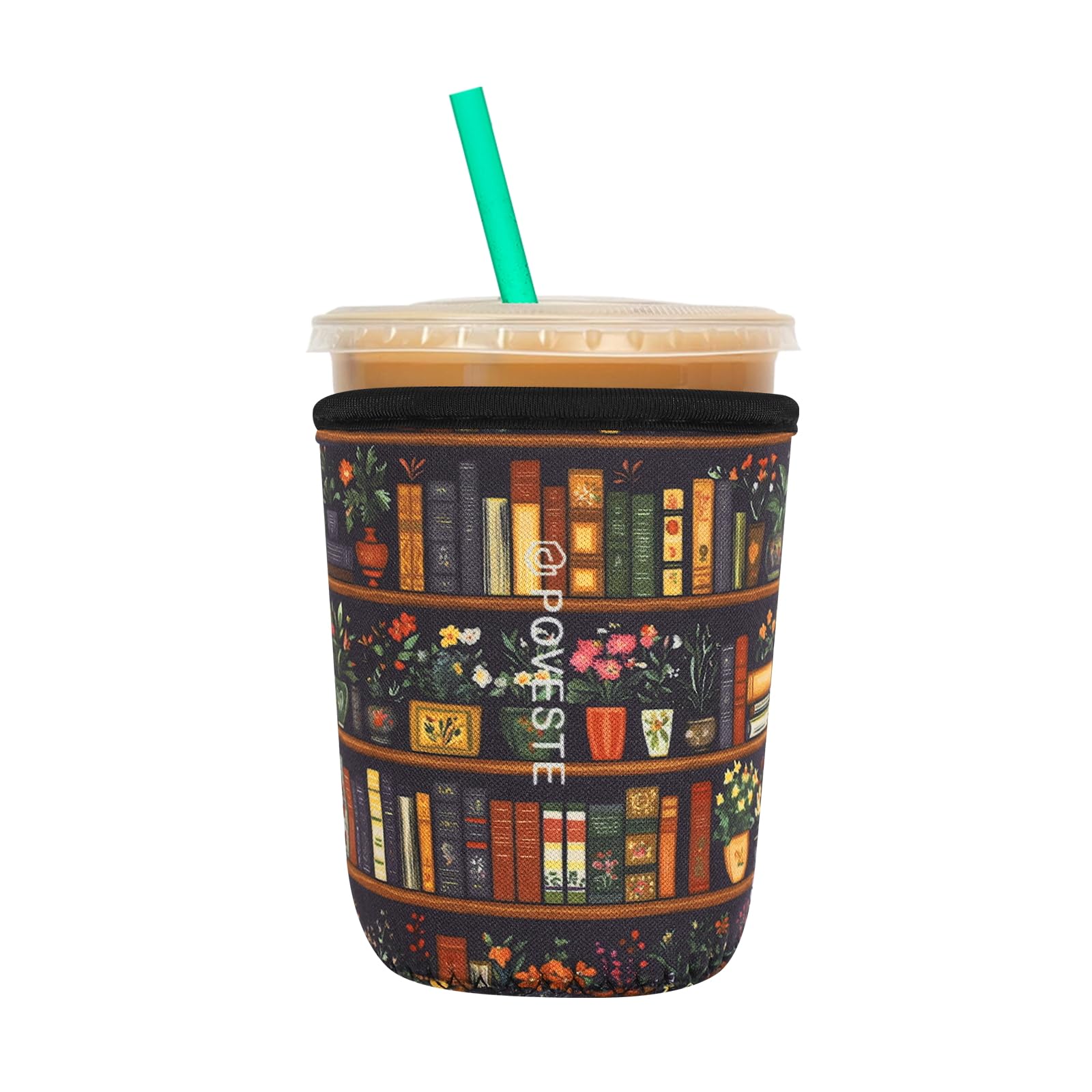 Reusable Neoprene Insulator Sleeve for Iced Coffee &amp; Cold Soda, Coffee Sleeves for Iced &amp; Hot Drinks, Cold Beverage Cooler Compatible with Starbucks, Dunkin (Book&amp;Flower, Small: 16-18oz)