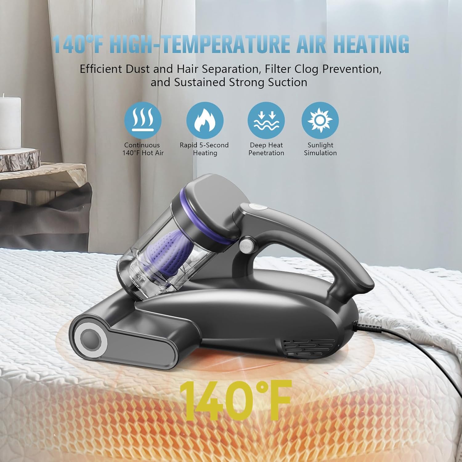Bed Vacuum Cleaner Mattress Vacuum Cleaner,16Kpa Powerful Handheld Vacuums with UV-C Light & Double Dust Cup & High Heating & Ultrasonic & Anion for Bed Sofa(Dark Purple)