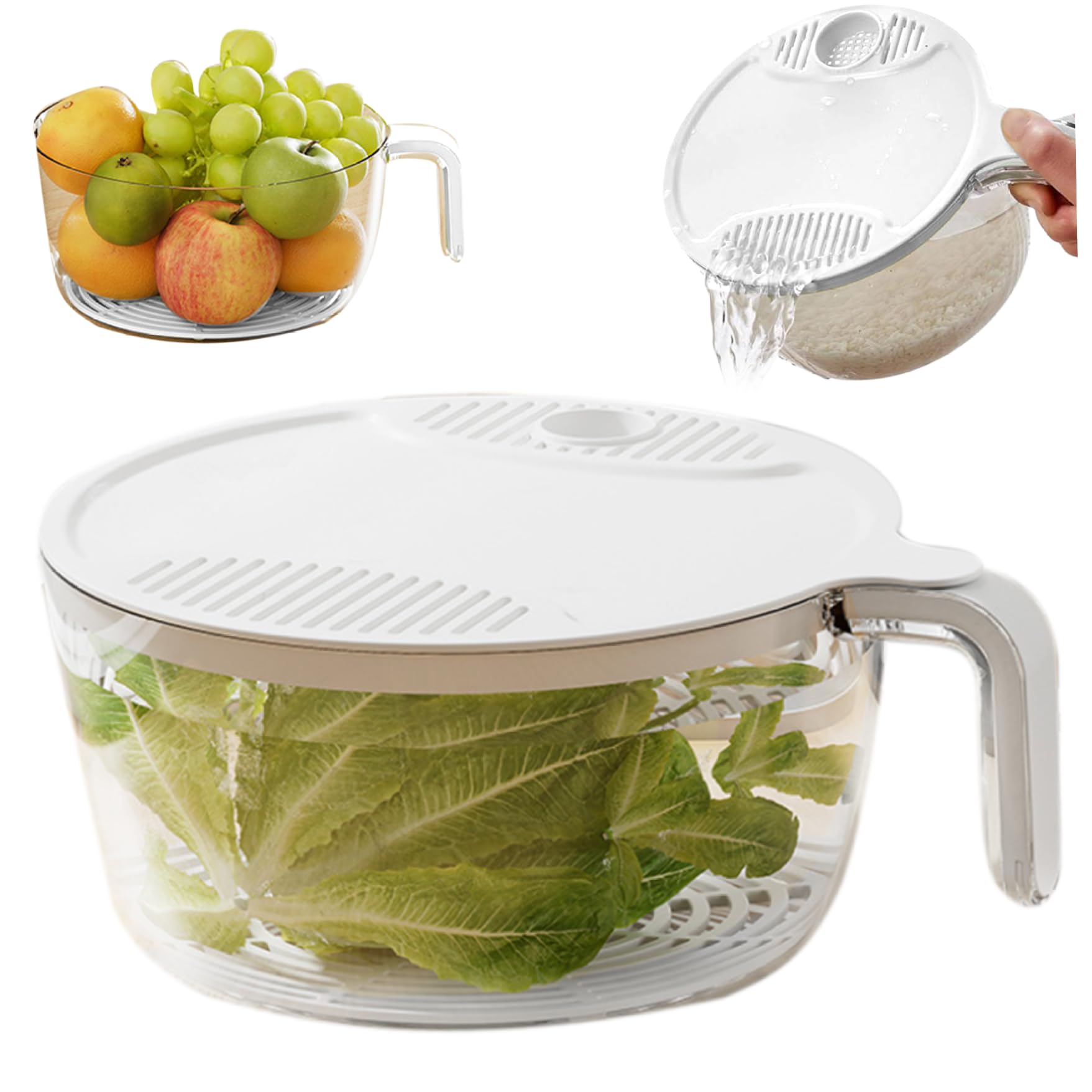 Hperu White Rice Strainer, Safe Plastic Rice Washer Strainer Bowl With Drain Lid 9.8X4.1inch Rinser With Handle For Vegetable Fruit Grains Bean, Large