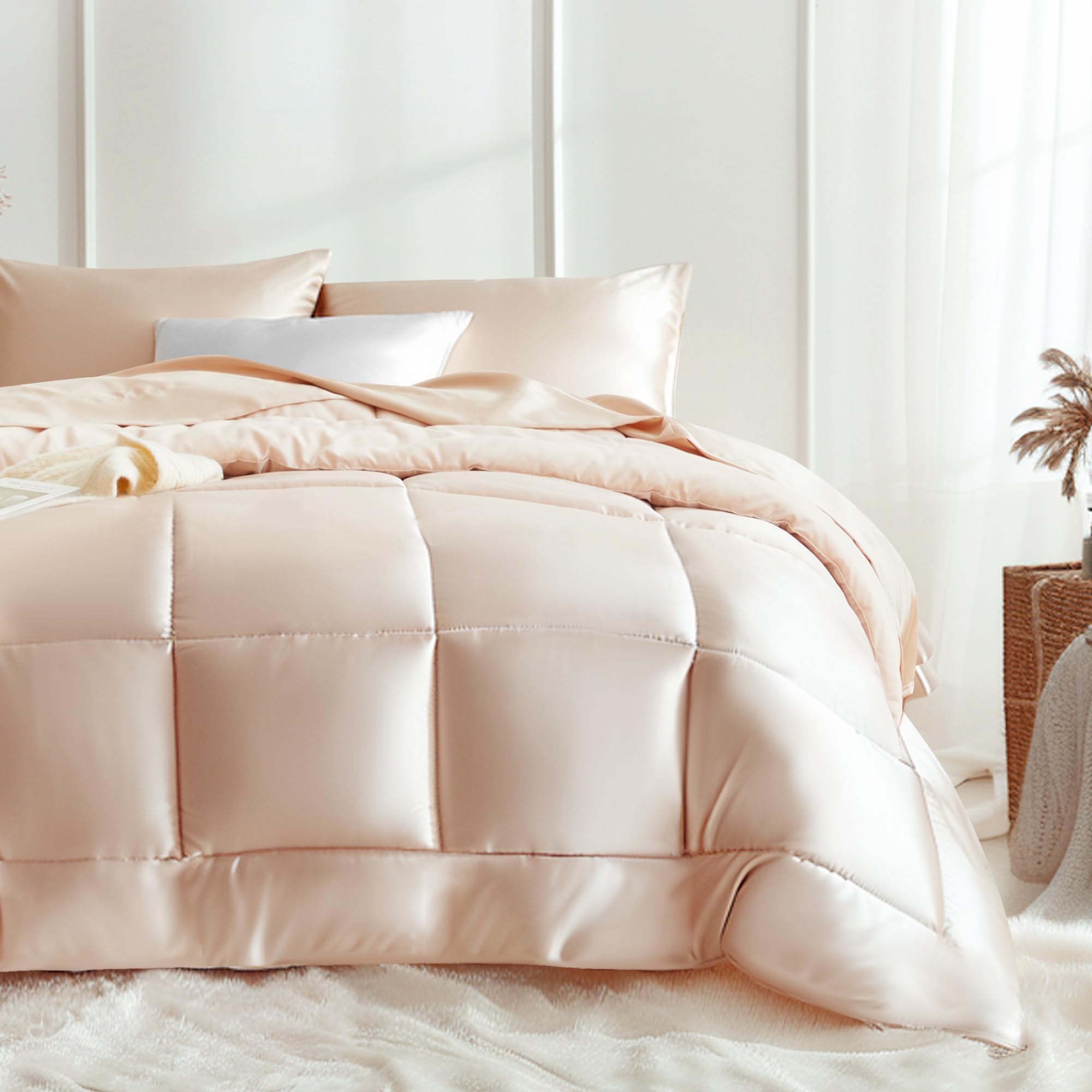 MR&HM Queen Comforter Set Champagne, Reversible Satin Microfiber Comforter Set for All Seasons, 3 Pieces Non-Slip Silky Soft Bedding Sets with 1 Comforter (90"x90") and 2 Pillowcases (20"x26")