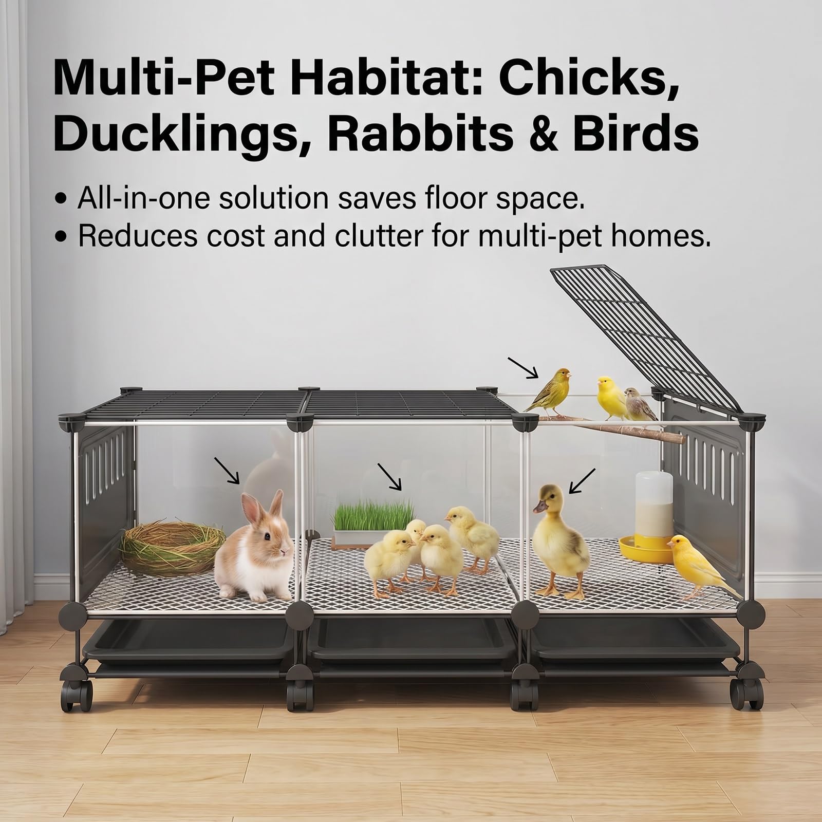 Jaula Grande para Animales pequeños, gallinero Transparente HD para Conejos y gallinas con Ruedas, Bandeja extraíble, Almohadillas Antideslizantes, Caja de cría para gallinas(Black,S)