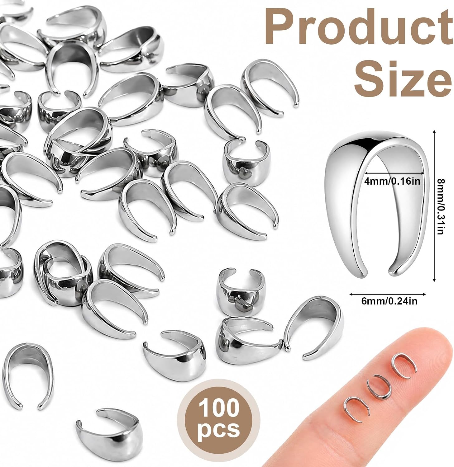 100Pcs Pinch Bails for Jewelry Making, Stainless Steel Snap On Bails Sturdy Pendant Connector Charm Clasp Hook for Necklace Earring Bracelet DIY Craft Making