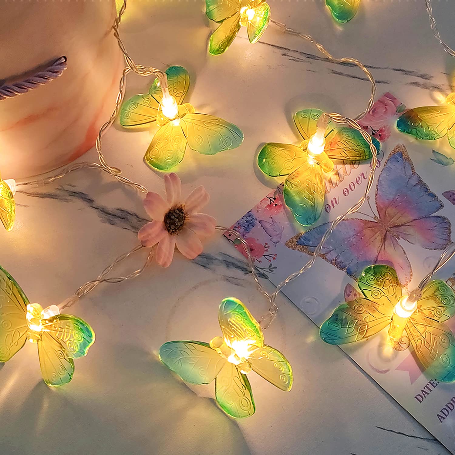 KINGCOO Butterfly String Lights, 10M 80LED Yellow Green Butterfly Battery Operated Indoor Outdoor Fairy Decorative Lights for Home Bedroom Party Birthday Summer Garden Wedding Christmas Decoration