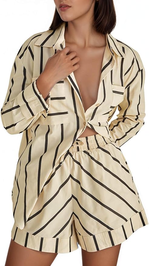 Tankaneo Womens Striped 2 Piece Outfits Button Down Shirts and Shorts Lounge Matching Sets