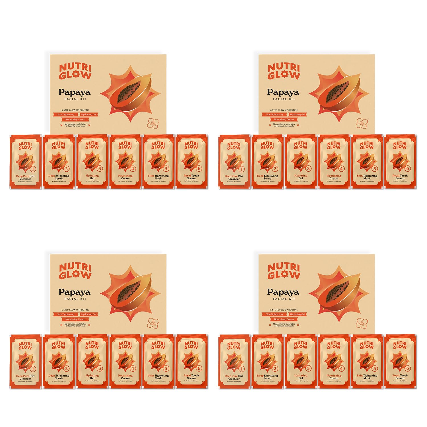 NutriGlow NATURAL'S Advanced Pro Papaya Facial Kit For Glowing Skin Eliminates Scarring Blemishes & Dark Spot Free Skin, 10gmx6 Each, Pack of 4