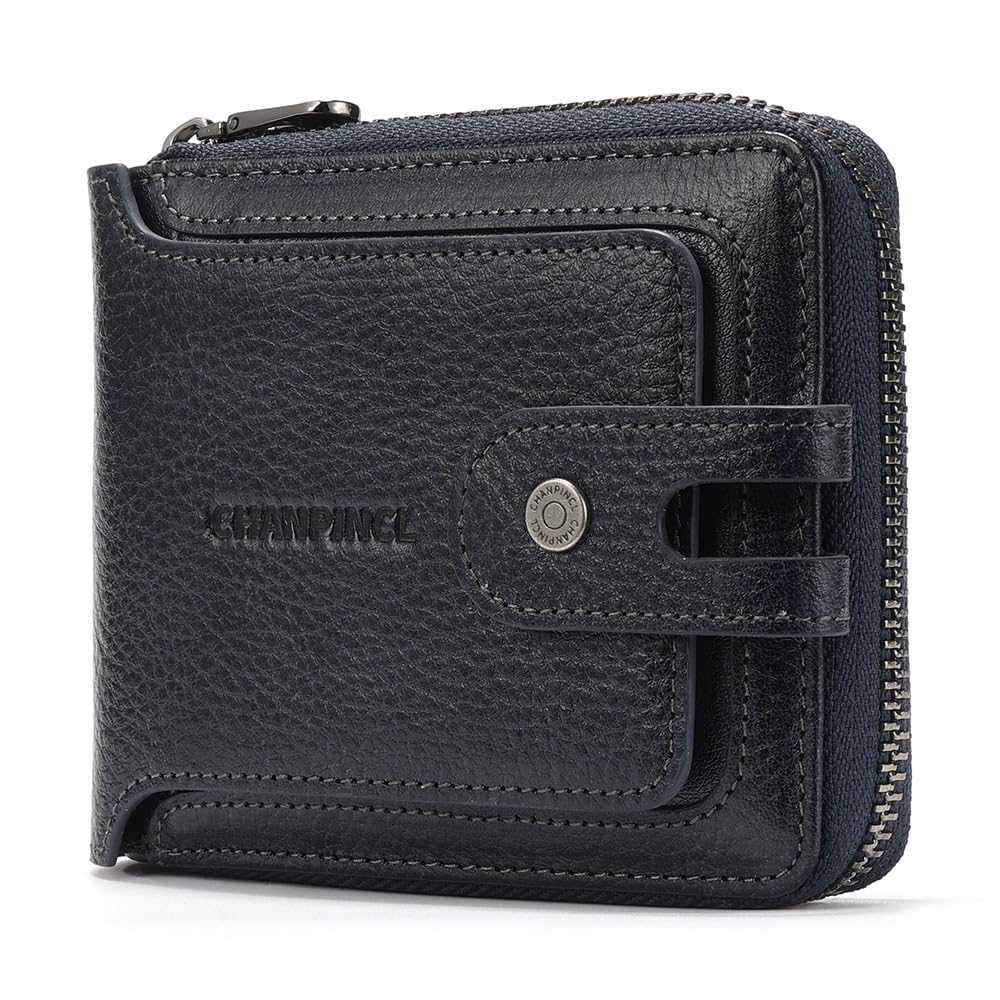 CHANPINCL Men's brand buckle driver's license zipper genuine leather wallet, large capacity, multifunctional coin pocket (Bluish grey)