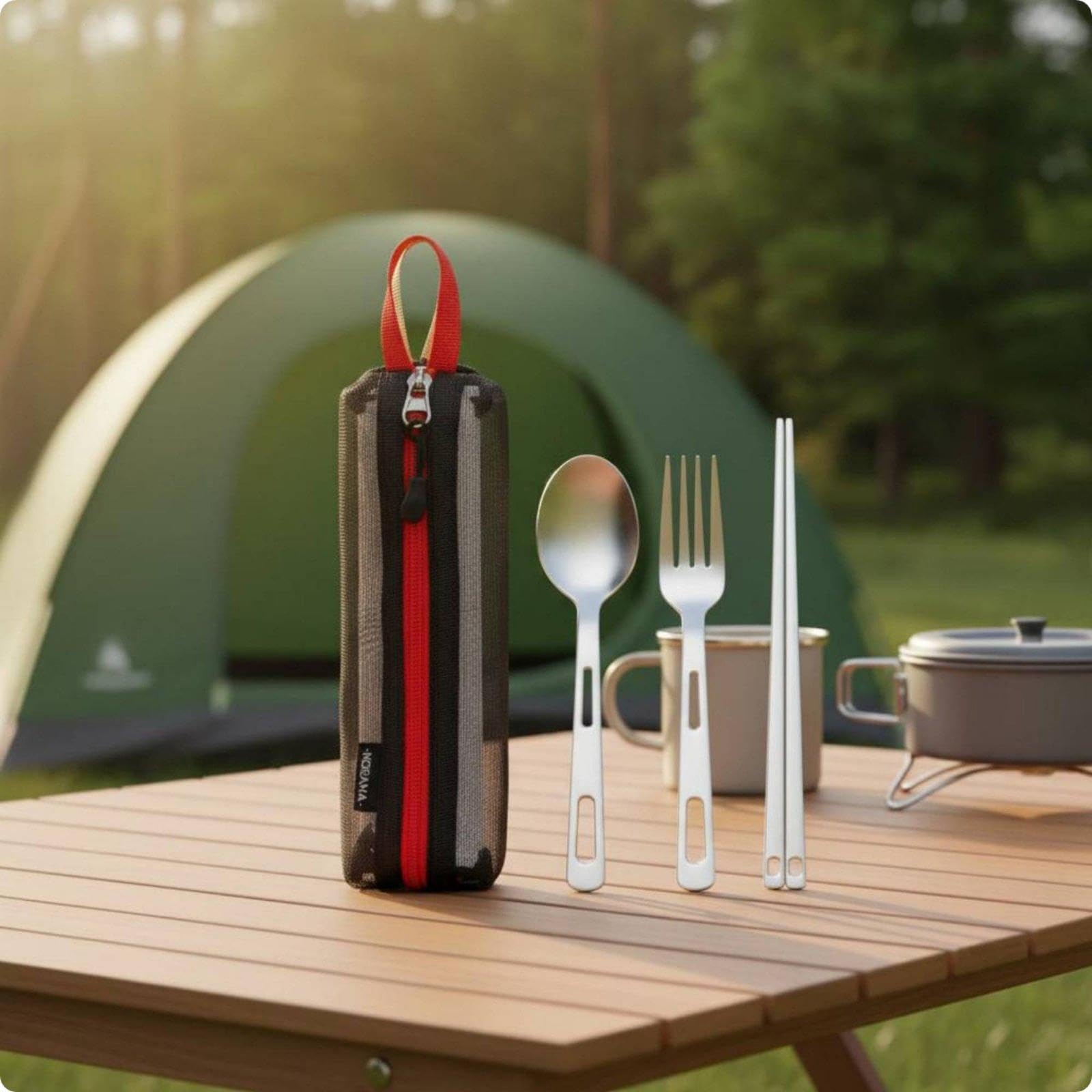 4 Teiliges Outdoor Besteckset: Löffel Und Gabel Aus Edelstahl, Praktisch mit Etui, Ideal für Camping, 4 Stück