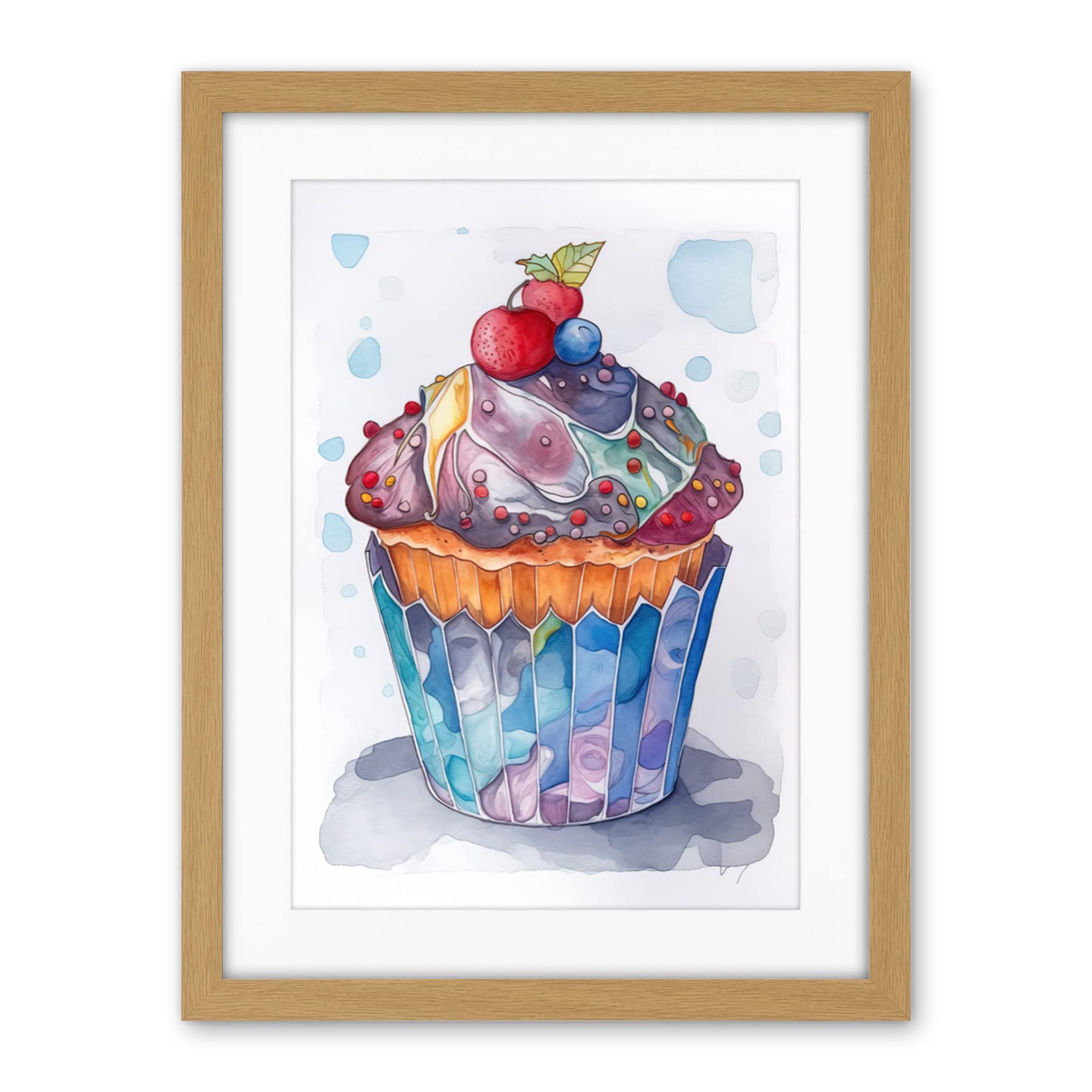 Artery8 Cupcake Icing With Fruit Folk Art Watercolour Painting Artwork Framed Wall Art Print 18X24 Inch