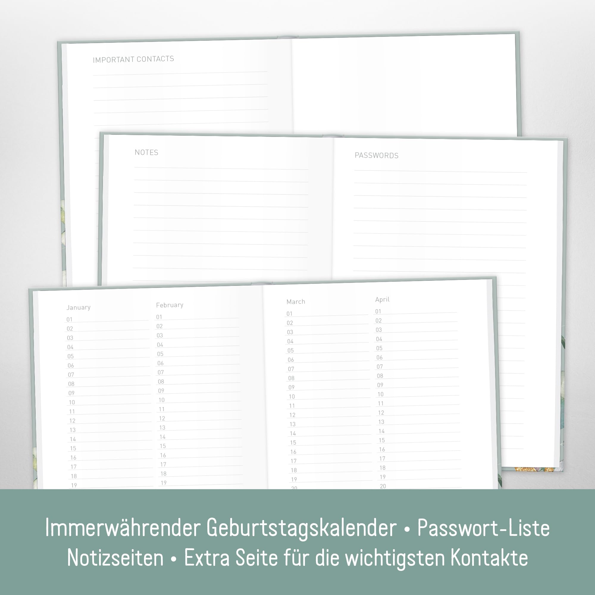 Paper&You® Address Book A6+ with A-Z Index and 120 g/m² Premium-Paper "Minty Leaves" for Contacts Birthdays & passwords - Image 4