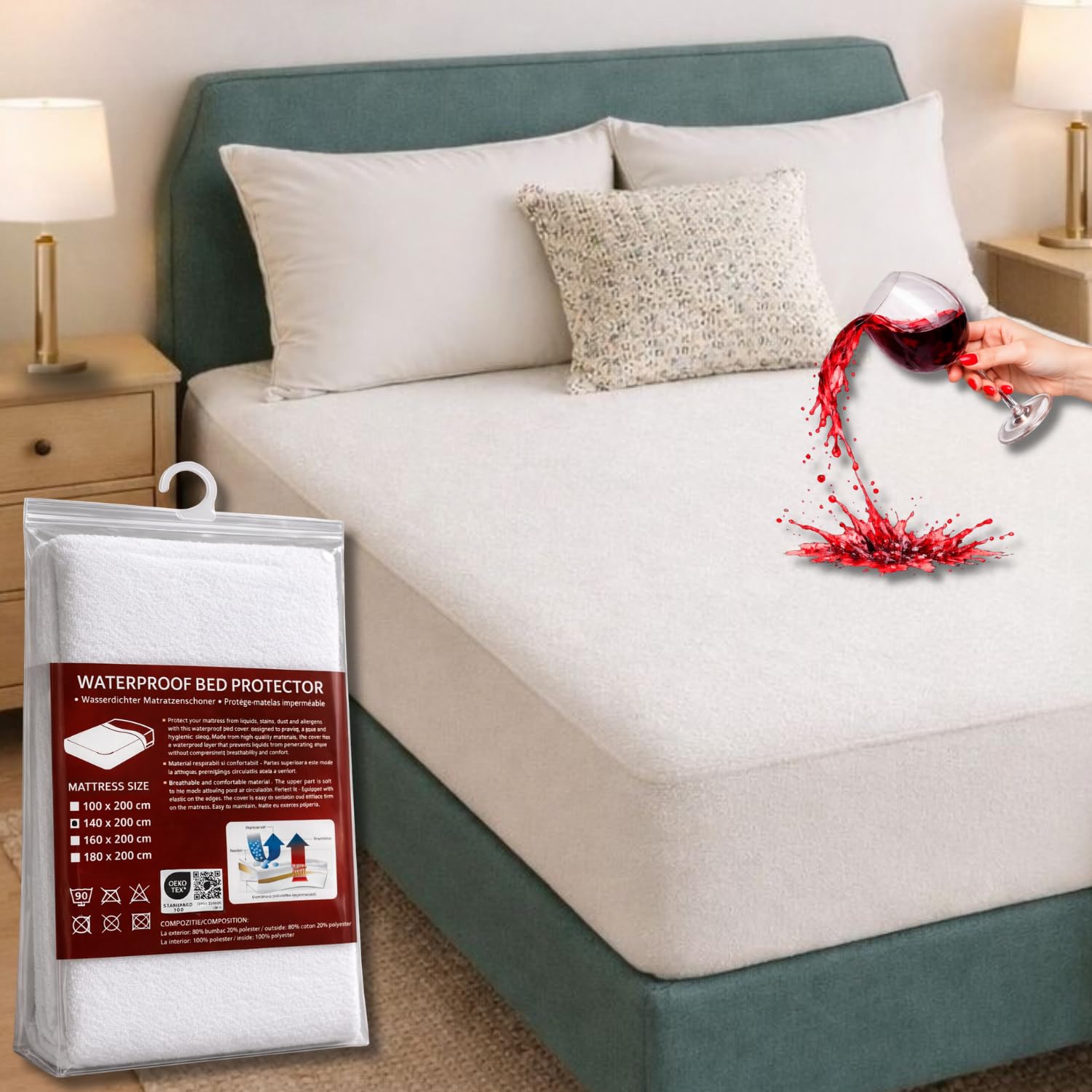 Home Still White Double Mattress Protector, 140X200x30 Cm, 100% Waterproof, Cotton Terry Breathable Top, Waterproof Bottom, Antibacterial, Comfortable & Safe Sleep, Machine Washable