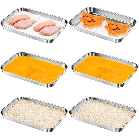 6 Pcs Breading Trays Stainless Steel Breading Pans Interlocking Grilling Prep Trays for Marinating Meat Chicken Coating Fish Preparing Breadcrumb Dishes Oven Safe
