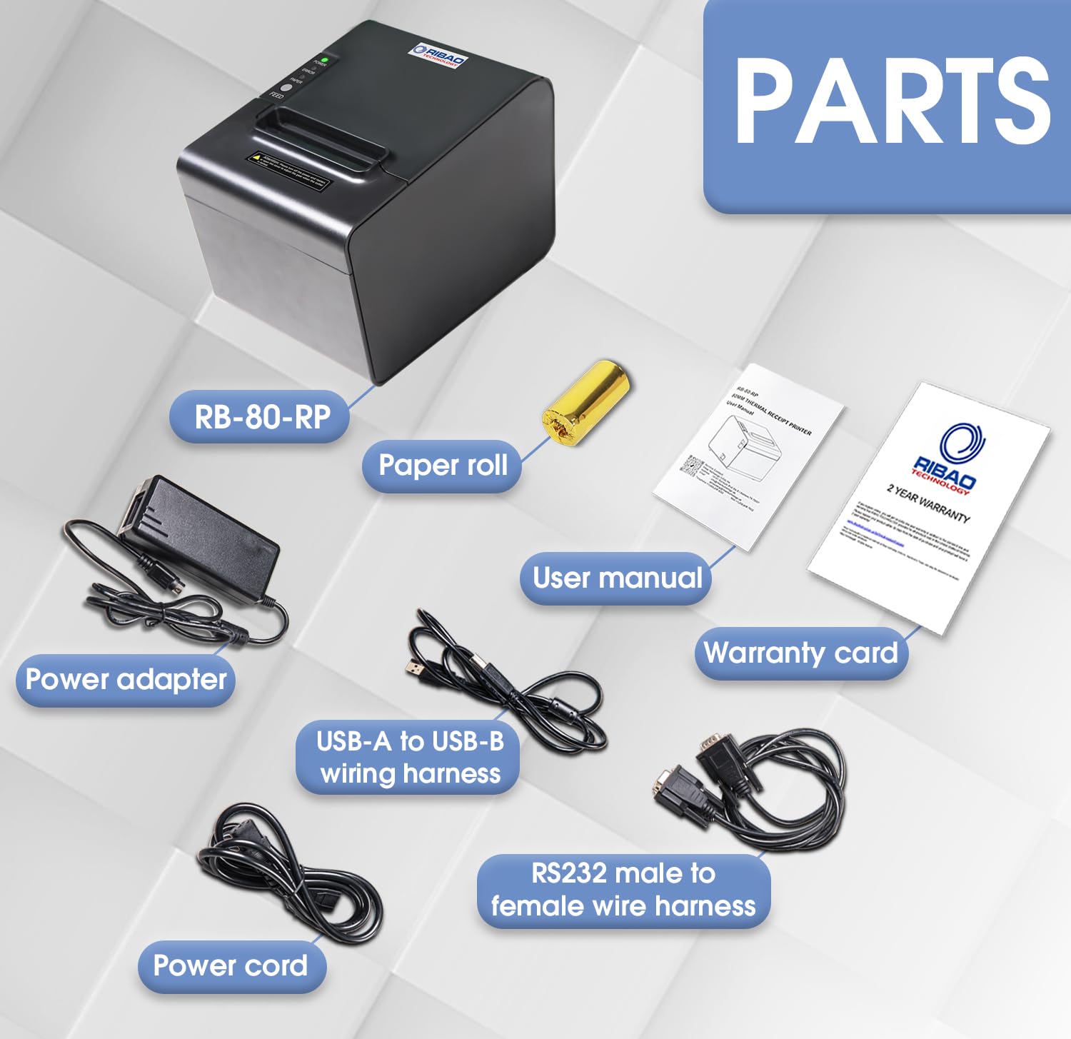 RIBAO - Impresora térmica POS de 80 mm, impresora de recibos para conectar cajas registradoras, cajón de efectivo, BC-55 BC-40 BCS-160, contador de dinero mixto RS232, interfaz de caja de efectivo