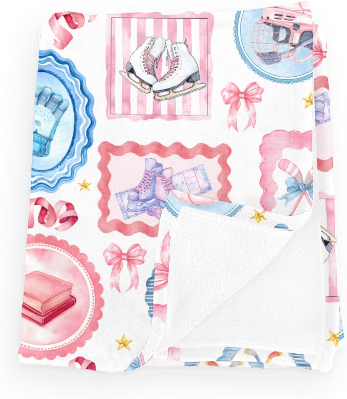 Cute Ice Hockey Skate Books Stripes Baby Blanket Girls Boys Sports Gears Gloves Helmets Bows Swaddle Blankets Sport Lover Gift Flannel Receiving Blankets Newborn Toddler White 30x40inch