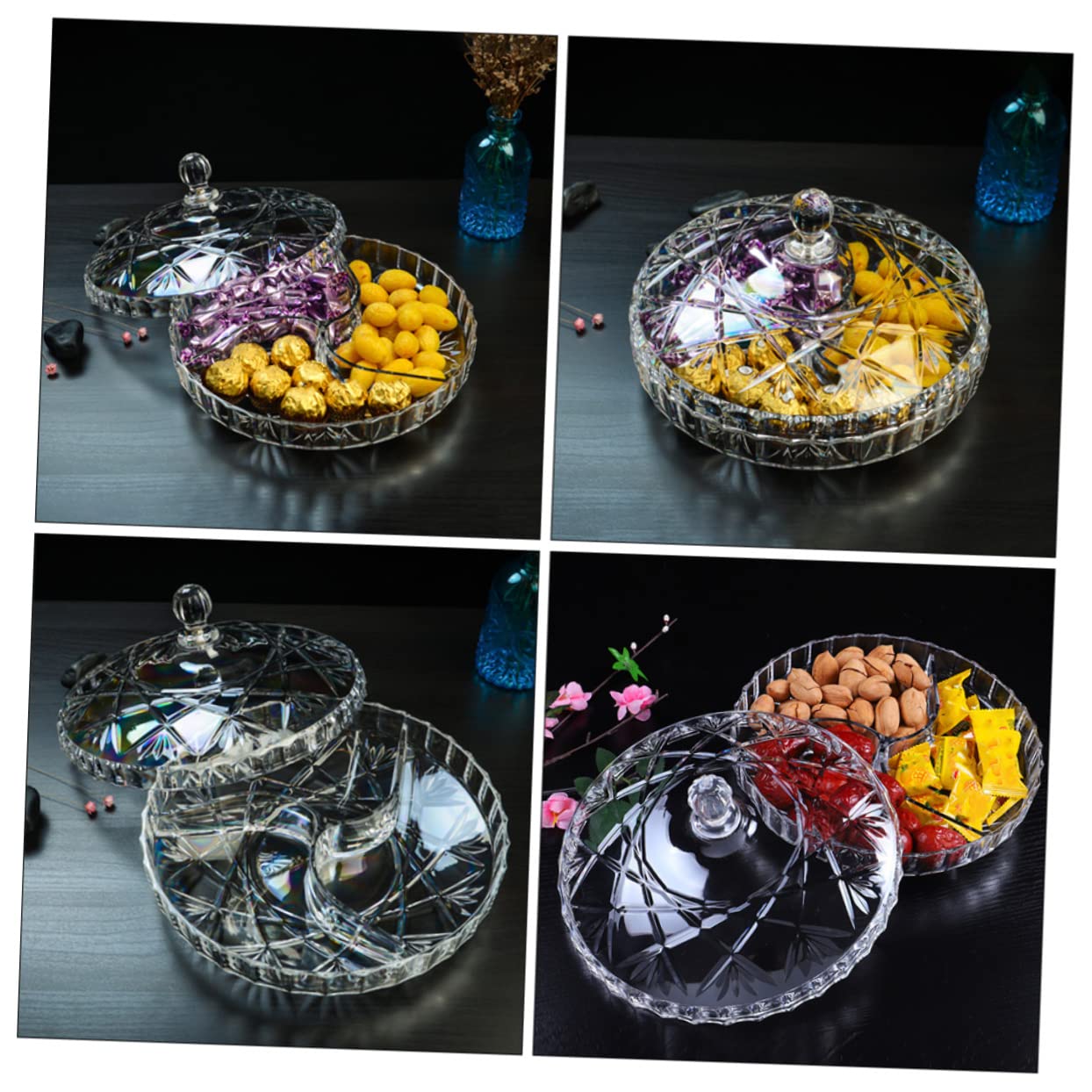 Estuche de Refrigerios Redondo de Acrílico con 3 Compartimentos y Tapa Resistente para Guardar Frutas Secas y Snacks en Fiestas Ocio