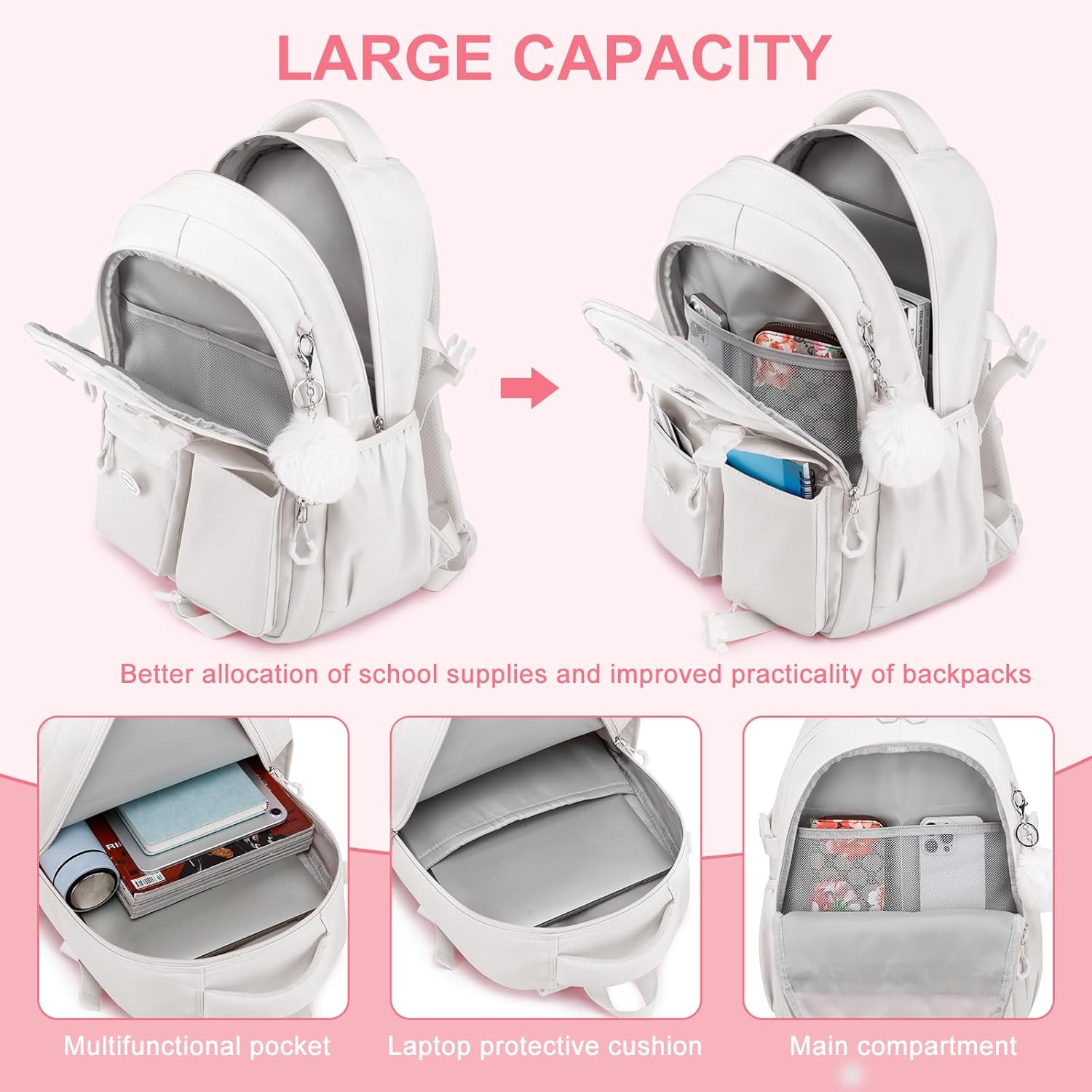 School Backpack for Teen Girls with Lunch Bag & Pencil Pouch - Water Resistant Bookbag for Middle High School Students, Beige White