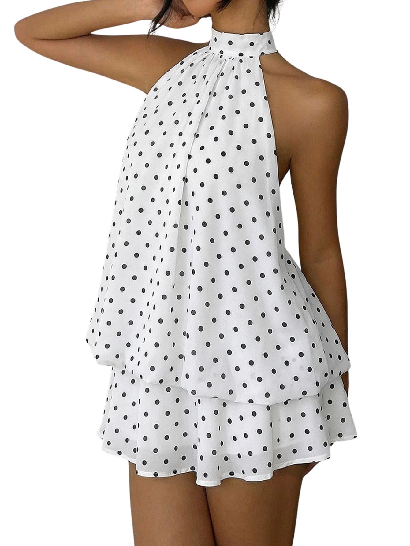 Photo 1 of Verdusa Women's Chiffon Halter Drop Waist Wedding Guest Dresses Ruffle Summer Loose Fit Mini Dress Brunch Outfits Polka White Medium