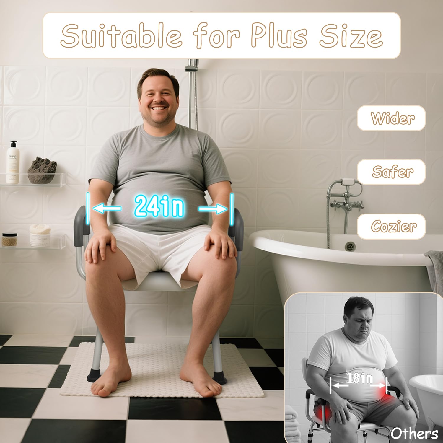 Asientos de ducha extra anchos de 61 cm para adultos con brazos y respaldo | Sillas de baño semipremontadas para personas mayores o personas grandes y altas, capacidad de peso de 150 kg.