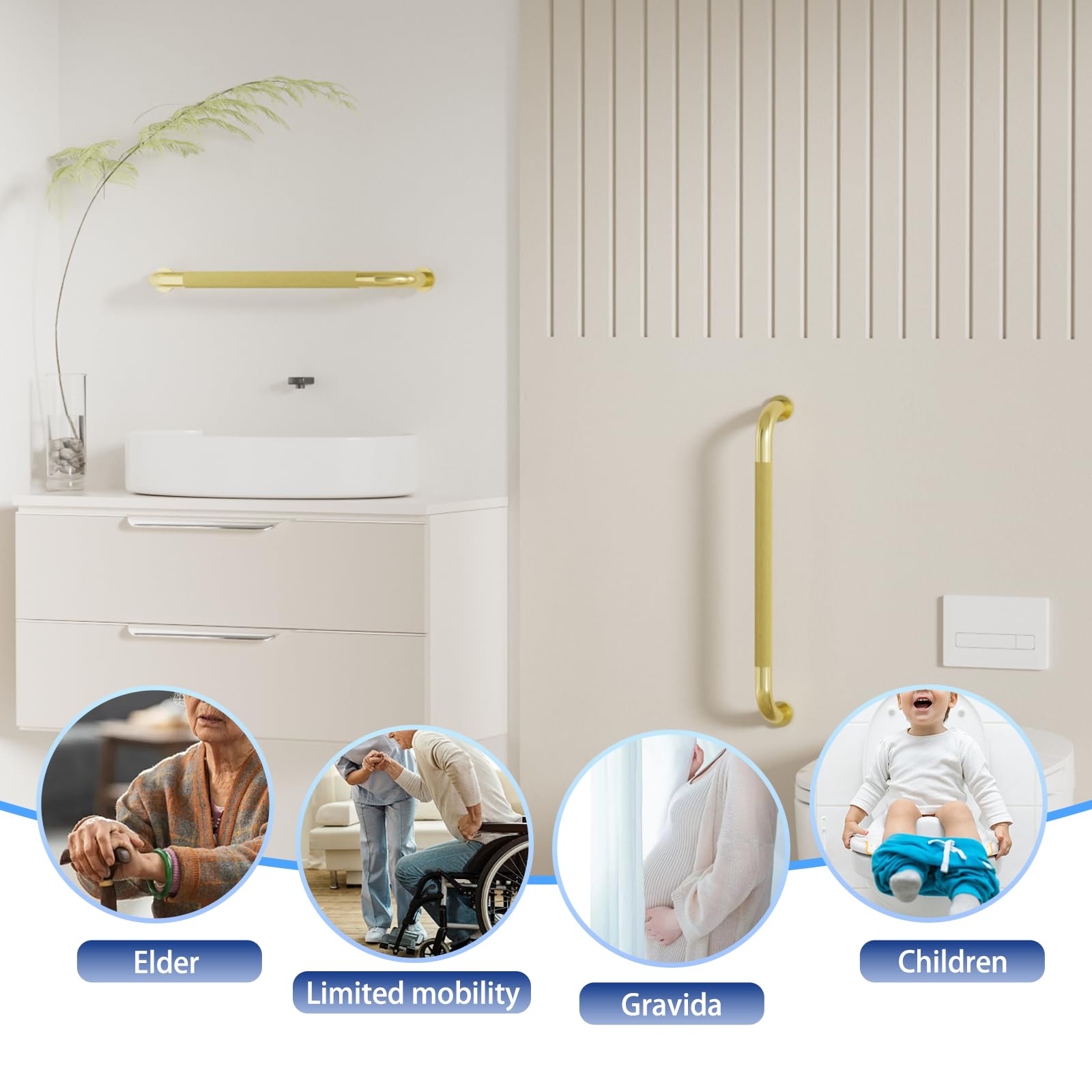 Confezione da 2 maniglie per doccia, color oro spazzolato, 81 cm, con impugnatura zigrinata antiscivolo, barra di equilibrio in acciaio inox, diametro 3,2 cm, barra di sicurezza per vasca da bagno