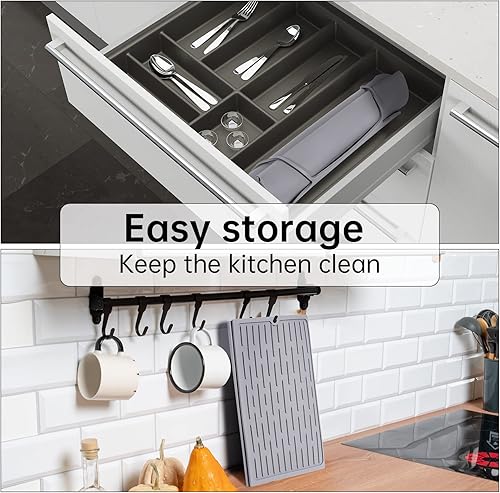 Miniatura 4 de NiHome Tapete de secado de platos triple extra grande de 24 x 13 pulgadas, plegable, compacto, de fácil almacenamiento, tapete de secado de silicona