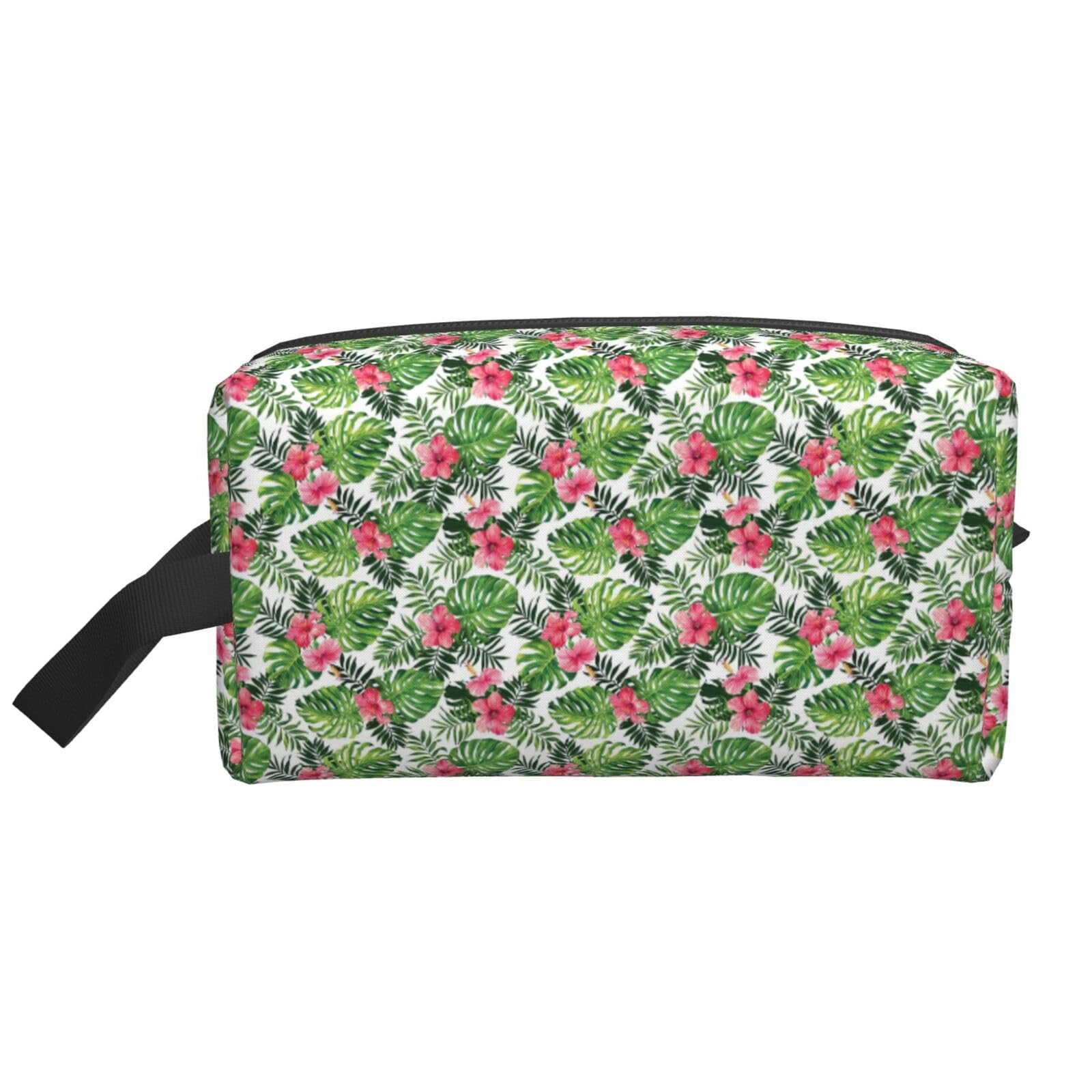 Ercgad Unisex White Tropical Leaves Print Large Capacity Travel Toiletry Bag Cosmetic Pouch Daily Storage Makeup Case