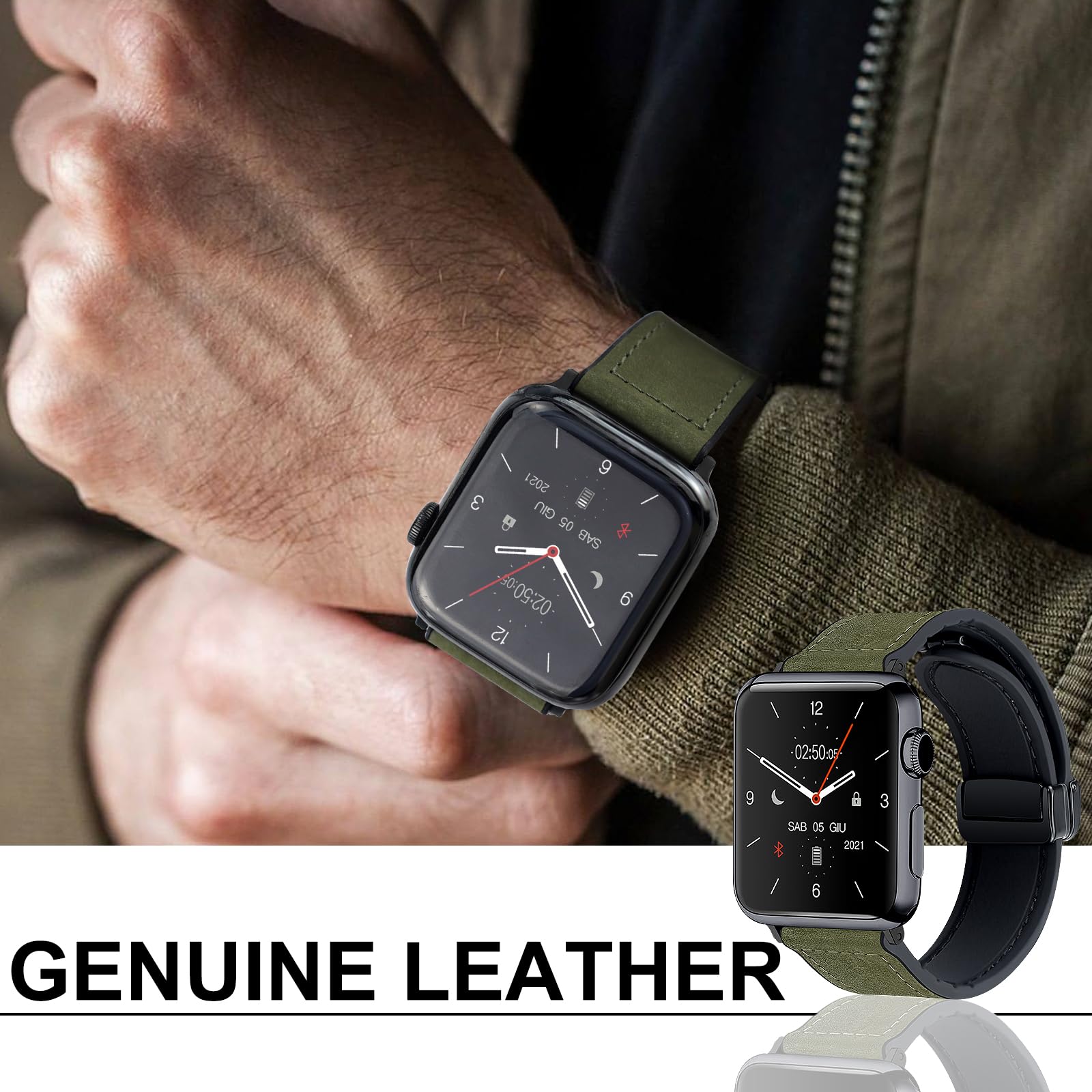 Bracelet de montre magnétique en cuir compatible avec Apple Watch 38 mm, 40 mm, 41 mm, 42 mm, 44 mm, 45 mm, 49 mm – Bracelet de montre en cuir véritable avec boucle magnétique pour iWatch