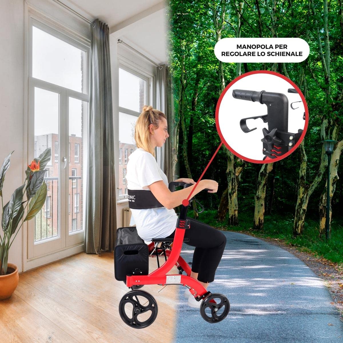Mobiclinic® pro, Deambulatore per anziani, Pieghevole con una sola mano, Ruote grandi, Doppio sistema di frenata, Invicto, Allterrain, Cestino ampio, Sedile e schienale imbottiti, Altezza regolabile