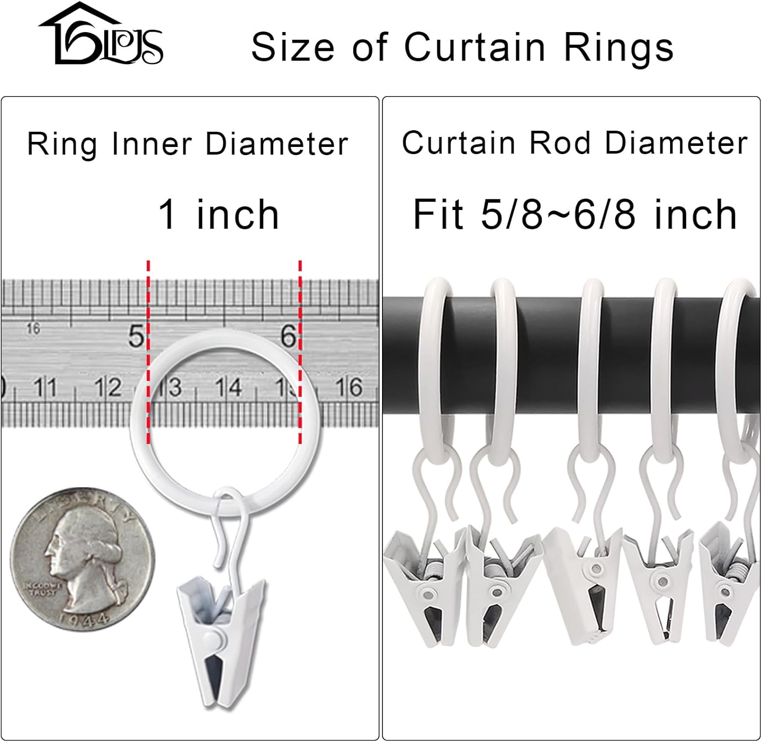 LLPJS 100 Pack Curtain Rings with Clips, Curtain Clip Rings Hooks, Bow Hanger Clips for Hanging Drapery Drapes Bows, Ring 1 inch Interior Diameter, Fits up to 5/8" Rod, White