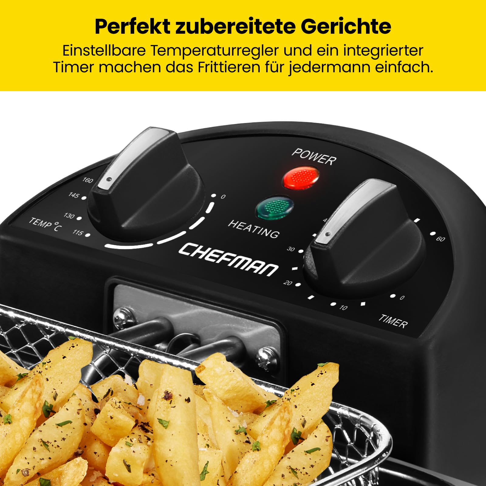 Chefman 4,3 Liter Fritteuse mit Sieb, XL Jumbo Größe, Einstellbare Temperatur & Timer, Perfekt für Frittierte Hähnchen, Garnelen, Chips & Mehr, Abnehmbarer Öl-Behälter, Edelstahl