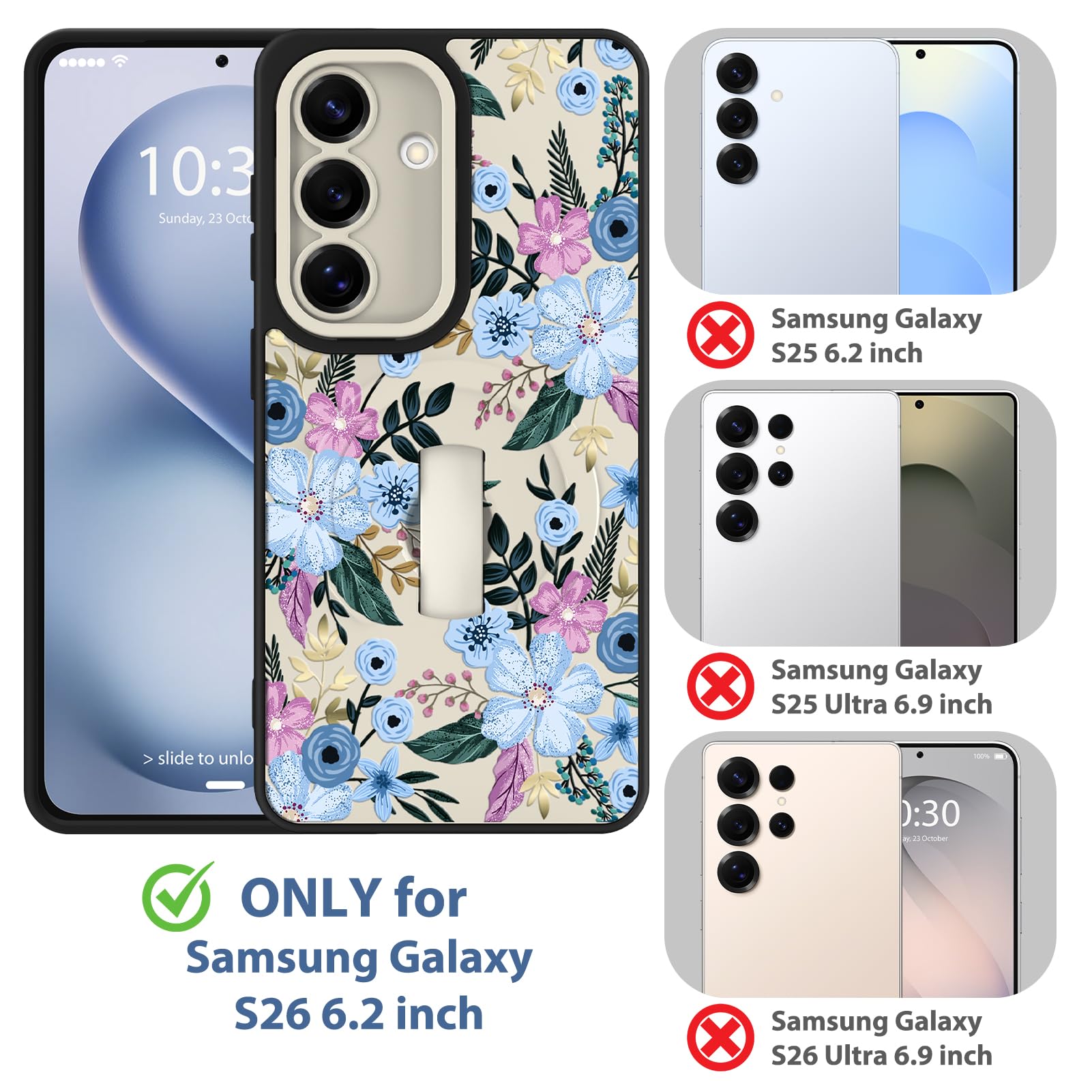 Funda magnética floral para Samsung Galaxy S26 con correa para el dedo, compatible con MagSafe, bonito patrón de flores para mujeres y niñas, cubierta de protección completa de cámara con