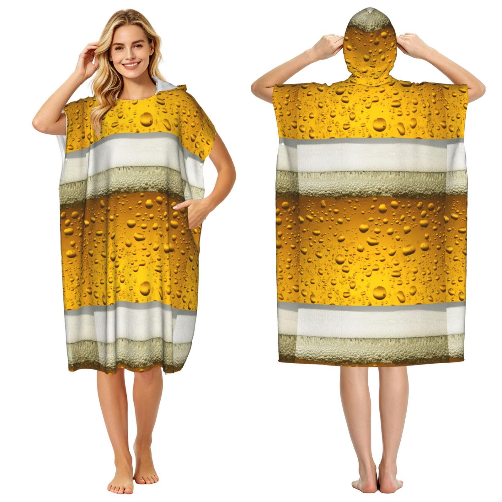 Poadnly Yellow Beer Bubbles, Adult Hooded Beach Towel 90 x 110 cm,Changing Bath Robe, Surf Poncho Towel For Women Men
