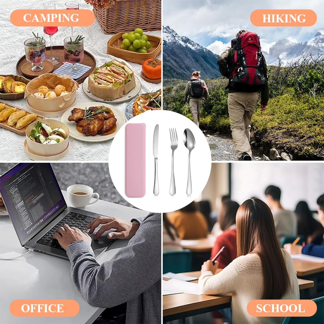 3 Pezzi Posate Da Campeggio Kit con Borsa Portaoggetti, set di Posate Portatili in Acciaio Inox, Utensili da Viaggio, Lavabili in Lavastoviglie, per Campeggio Picnic Scuola Pranzo(Rosa)