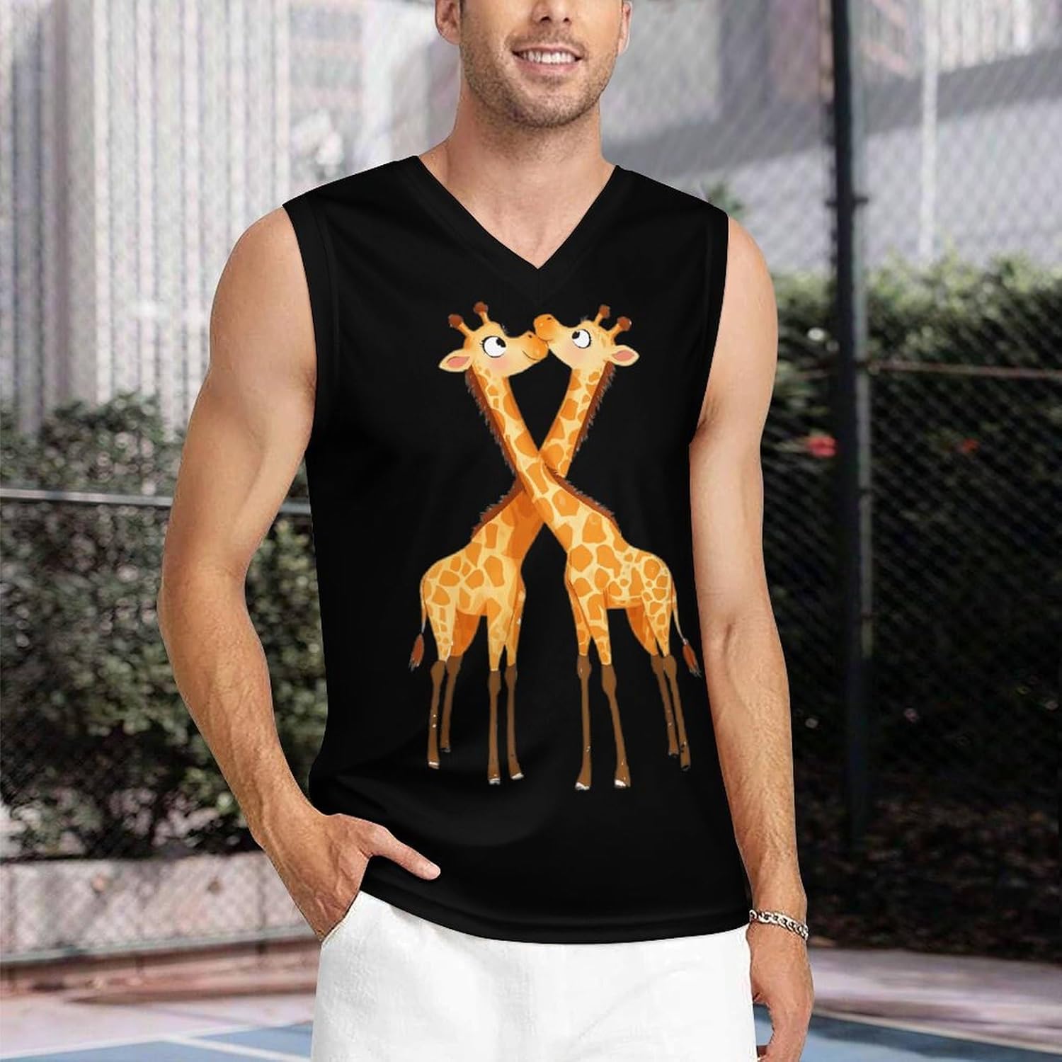 Cute Giraffe Couple Men's V-Neck Basketball Tank Top Sleeveless Workout Tank Shirts Gym Fitness Tees Vest