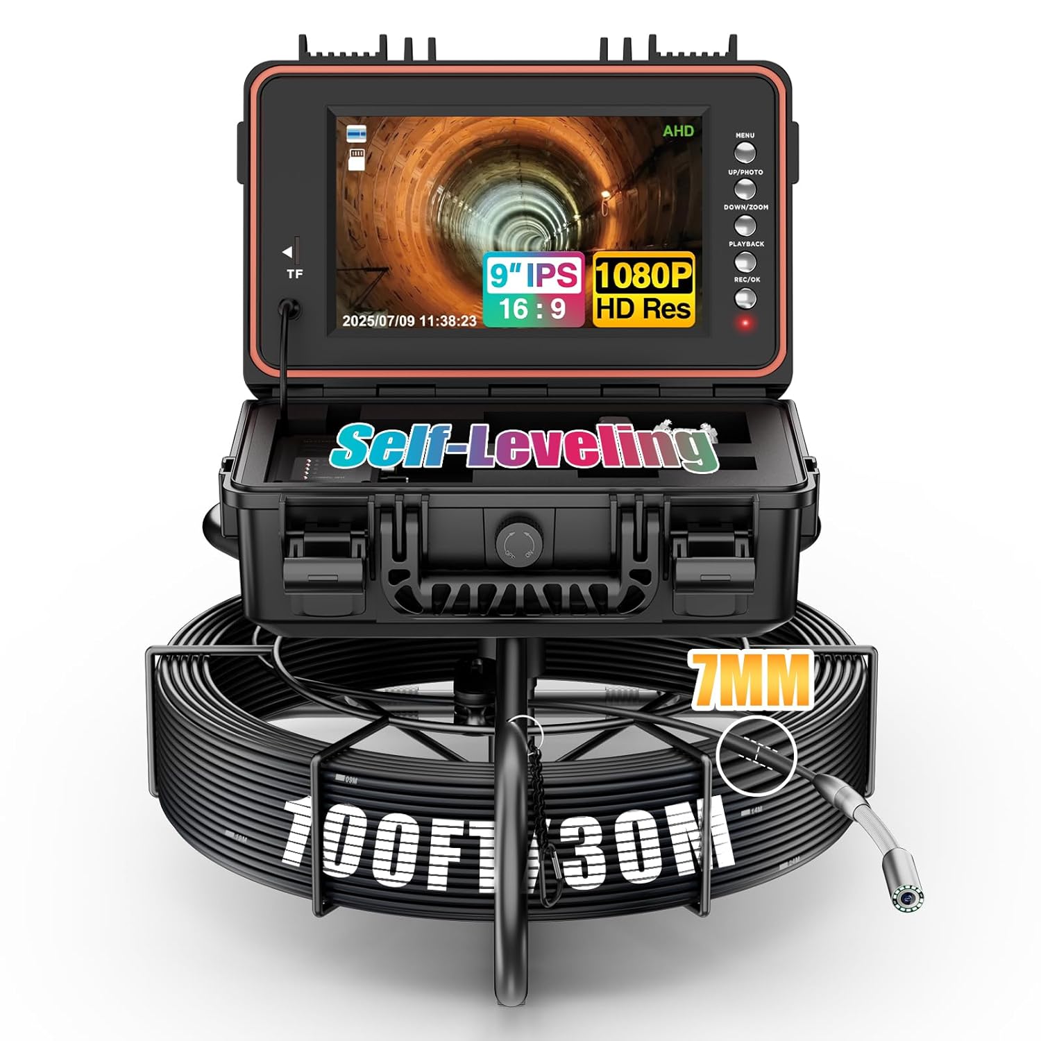 Sewer Camera Self Leveling, Drain Camera 100 ft with Meter Counter, 9" HD 1080p Plumbing Cameras with 12 LED Lights, IP68 & 32GB DVR, Industrial Endoscope for Duct Sewer Line Pipe Inspection