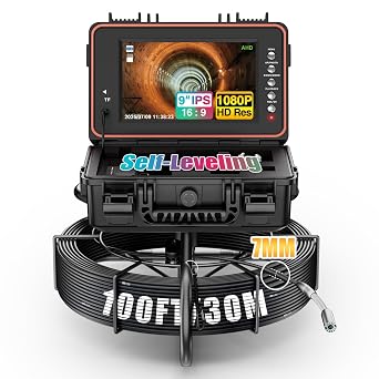 OnBeam Sewer Camera Self Leveling, 100 ft Drain Camera with 7 mm Cable | IP68 camera head, 12 LEDs, DVR recording and 32GB card for sewer, drain, duct and plumbing line inspection
