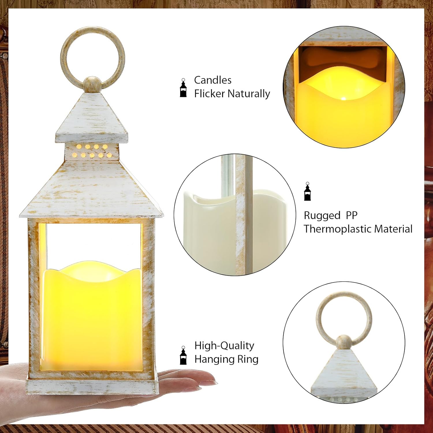 Sumind 8 Pack 9" Decorative Candle Lantern with Flameless Candle Wood Grain Lantern Hanging Vintage Rustic Farmhouse Decor Wedding Decoration Table Centerpiece for Indoor Outdoor Party(White)