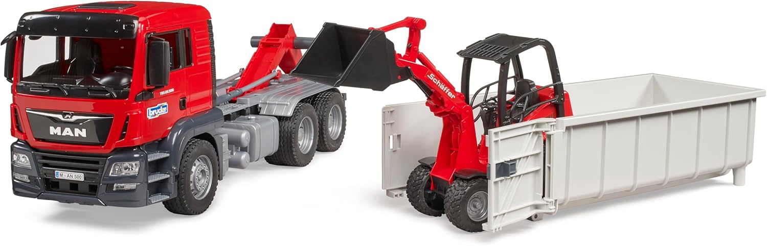 Bruder 03767 Man TGS Truck with Roll Off Container and Schäffer Compact Loader 2630