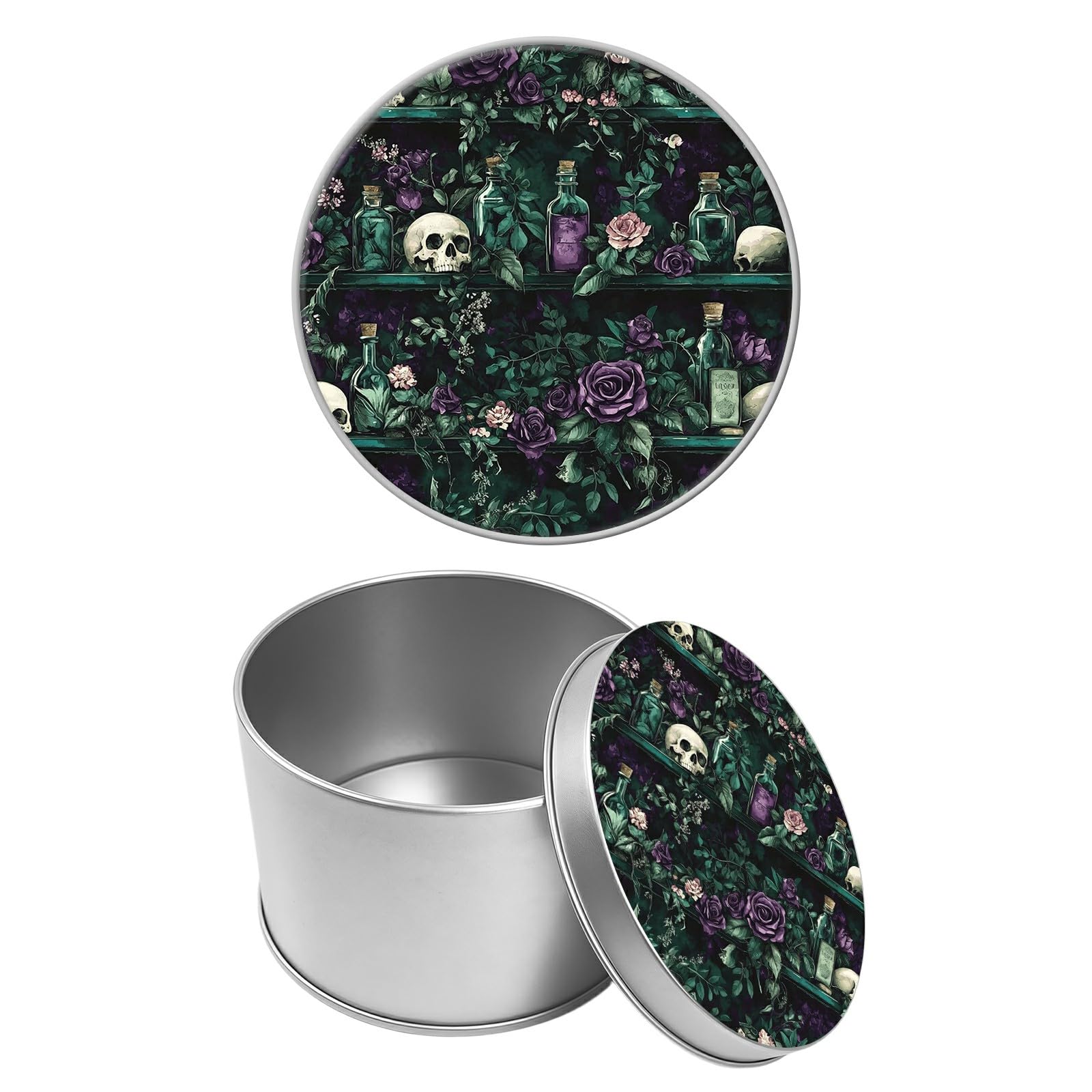 Round Metal Tin Container with Removable Lid, Gothic Magic Skull Durable Metal Storage Box for Cookies Spices Tea Candies Cakes Jewelry Cosmetics 3.54 x 2.36 inch– Single Pack