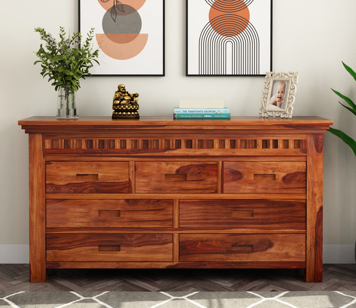 Solid Sheesham Wood Wooden Chest of Drawers with 7 Drawer Storage | Multipurpose Sideboard Cabinet Rack Display Unit for Bedroom Kitchen Cabinet, Honey Finish-image-18